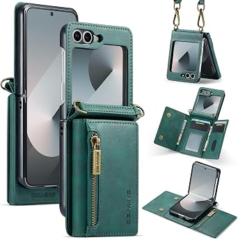 Wallet Case for Samsung Galaxy Z Flip 4, Matte Leather Case Cover Zipper Detachable Shoulder Strap Buckle Design - Green