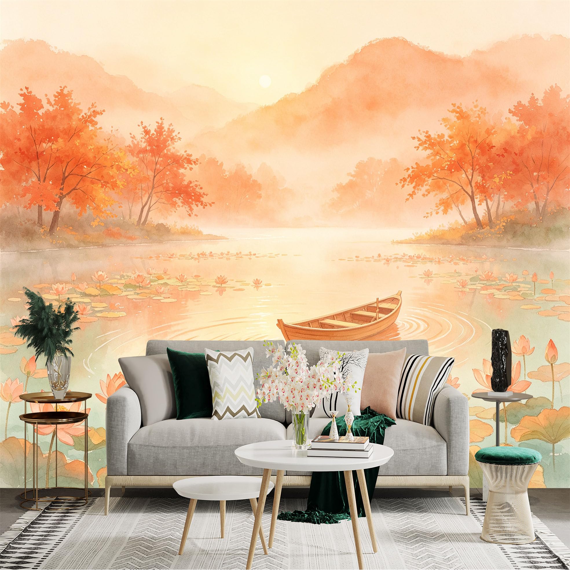 Custom Size Wall Sticker Mural， Watercolor Autumn Lake with Rowing Boat， Blooming Pink Lotus Flowers， Serene Sunset Landscape， for wall Decoration， peelandstick wall Decals.