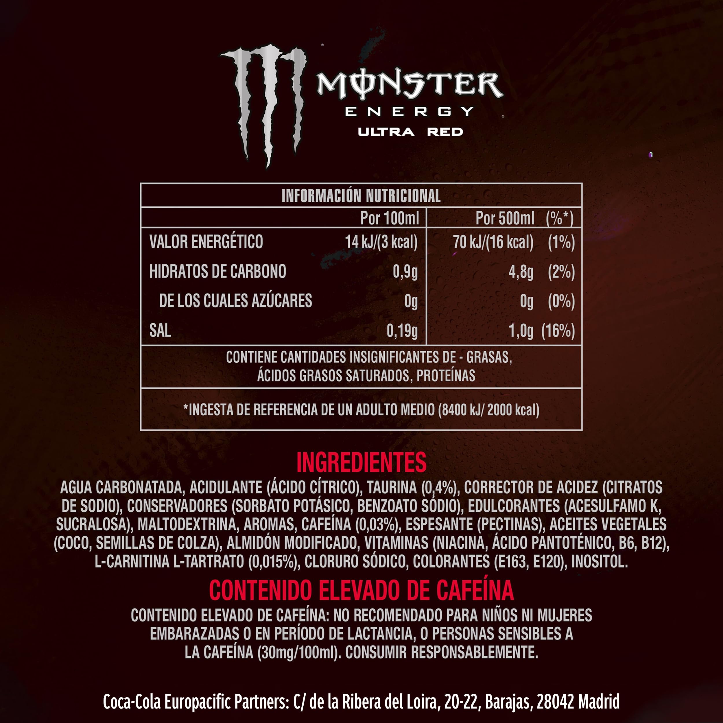 Monster Energy Ultra Red, Bebida EnergéticaPack de -12 Latas de 500ml