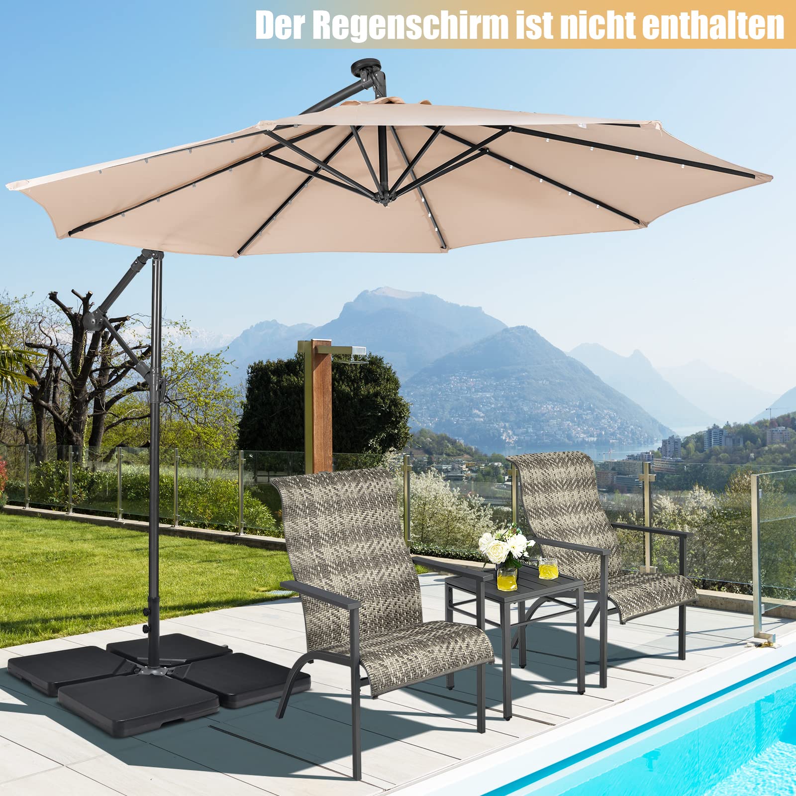 COSTWAY Azweefparasol, standaard, parasolstandaard, 95 kg, zand/60 liter, water te vullen, marktparaplustandaard met wielen, parasolvoet, balkonparaplustandaard voor buiten, terras, binnenplaats