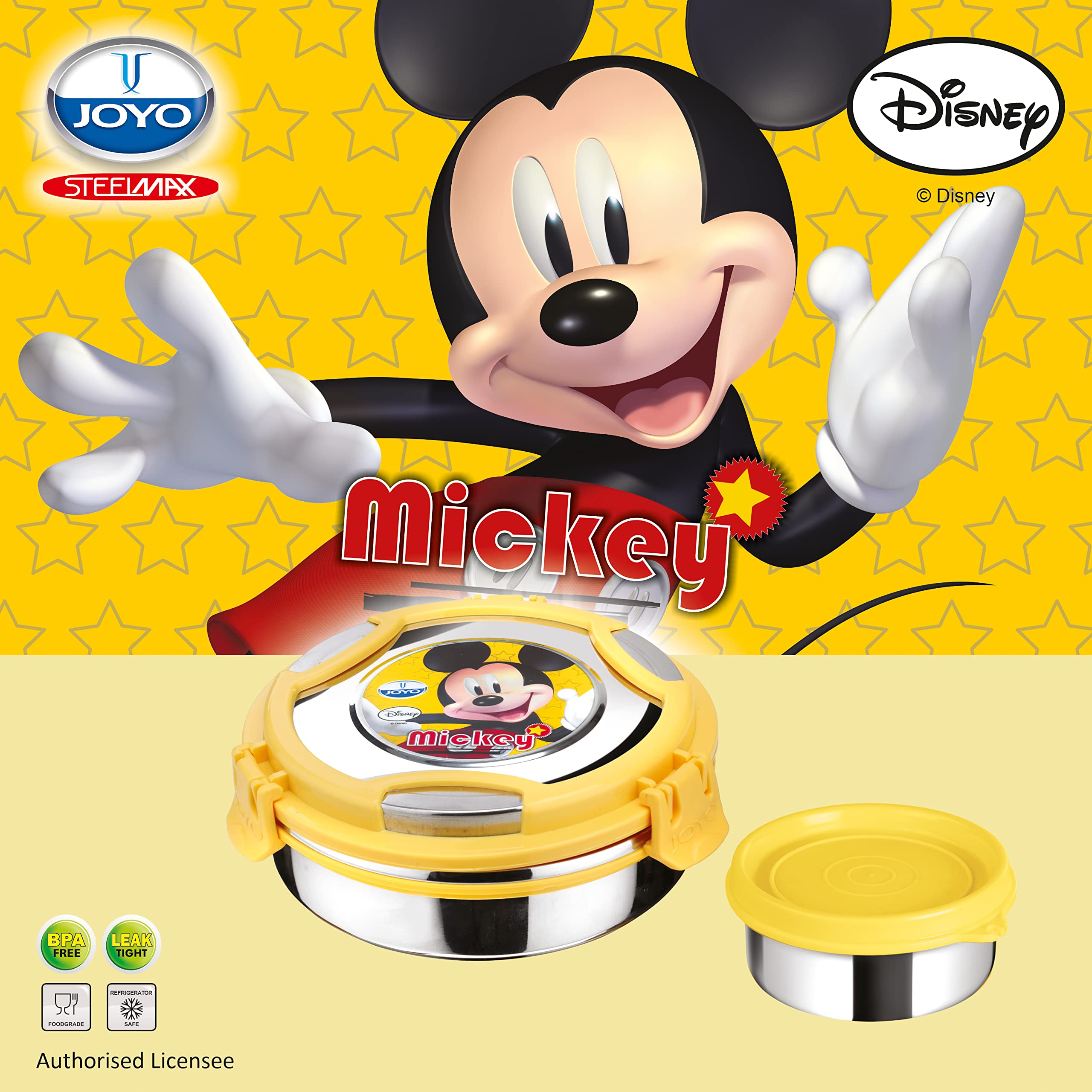 JOYO Original Licensed Marvel-Disney Yummie Big 900 ML Stainless Steel Lunch Box with Inner Steel Container for Kids (900 Ml) (Yummie, Mickey-Mouse)