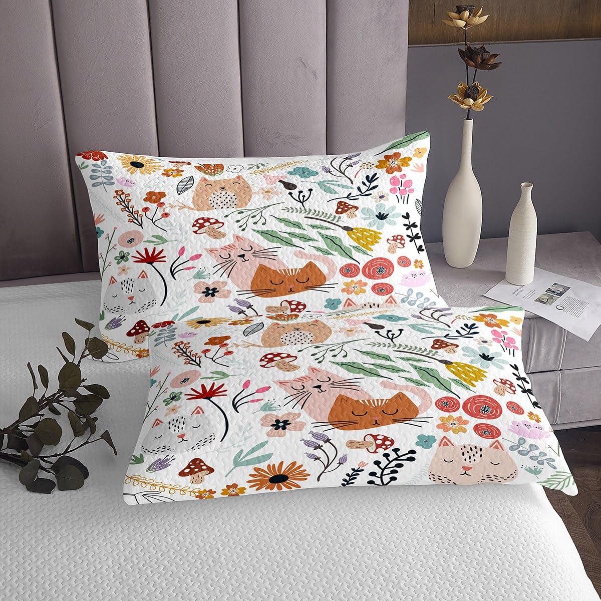 Homewish Couvre-lit 240x220 Chat de Dessin Animé pour Enfants Filles Garçons, Dessus de lit Feuilles Fleurs, Couverture de lit Animaux Mignons Chatons, Décoration de Chambre Kawaii