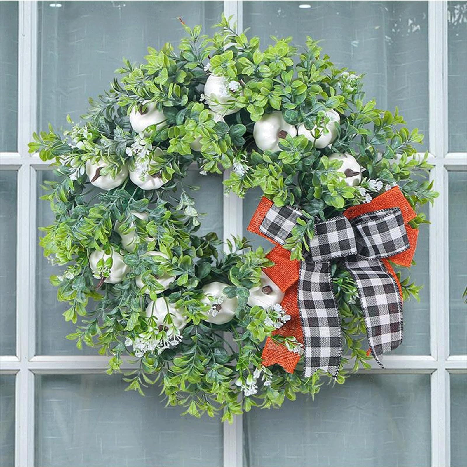 Ghirlanda di benvenuto per porta d'ingresso, in plastica verde, 40,6 x 40,6 cm, ghirlanda primaverile ed estiva per porta d'ingresso o finestra, decorazione da parete