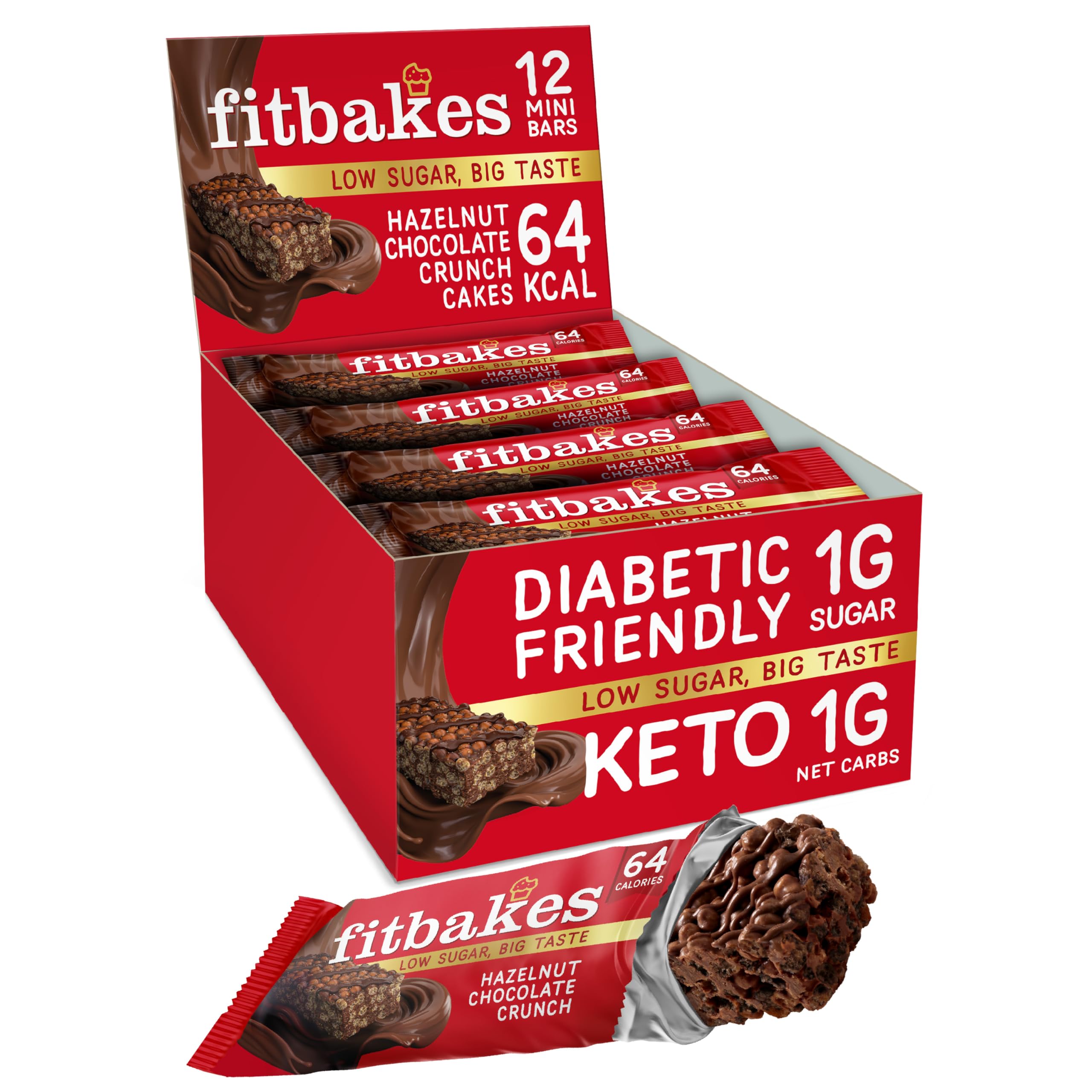 Fit bakes 64 Calories Mini Hazelnut Chocolate Bars (12x19g) Diabetic Chocolate Keto Snack, 1 Net Carb Low Sugar Crunch Cake, Diabetic Sweets Biscuits, Low Calorie Snack, No Added Sugar, FitBakes