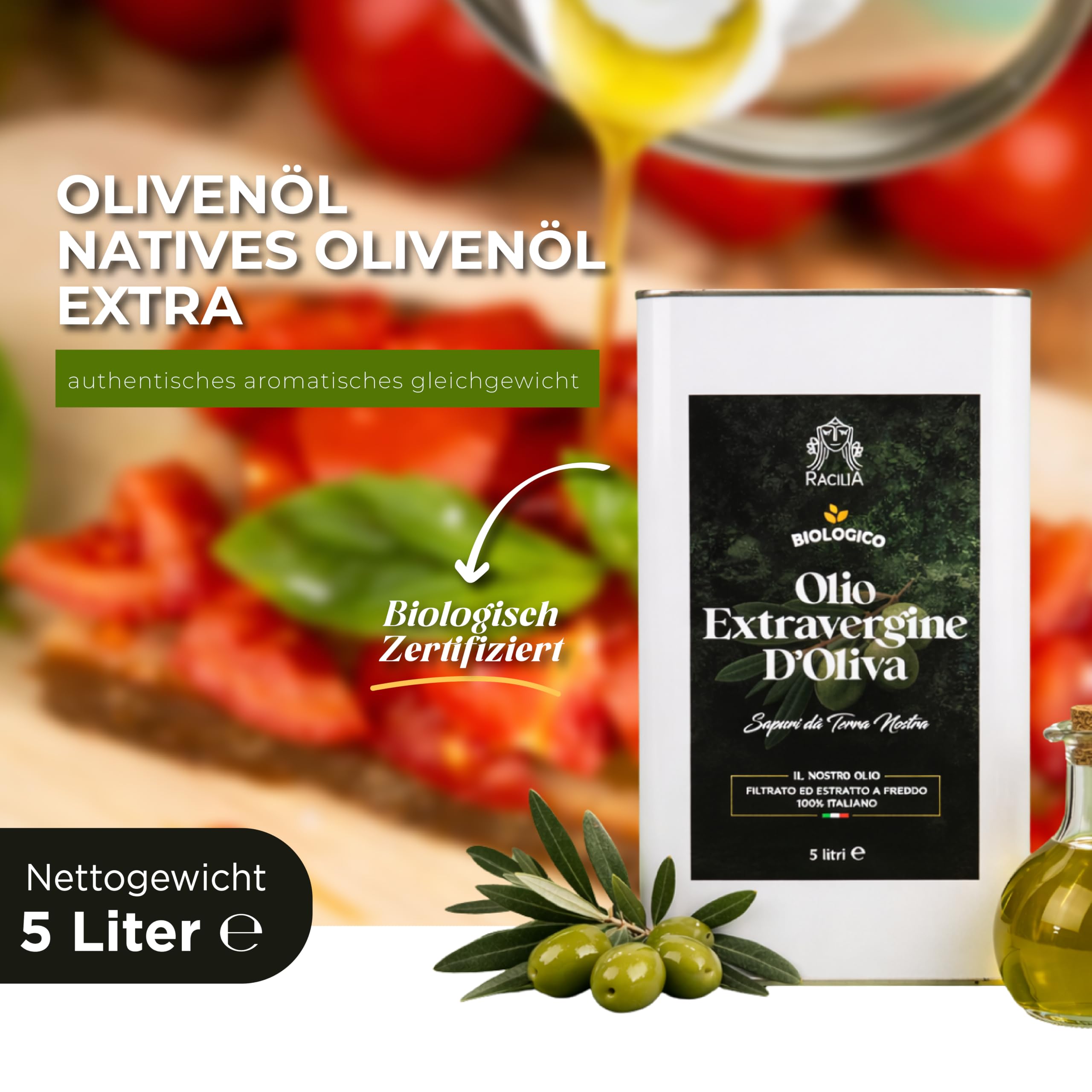 RACILIA Bio-Olivenöl extra vergine – Kaltgepresstes natives Olivenöl extra, 100% italienisch - 5 Liter