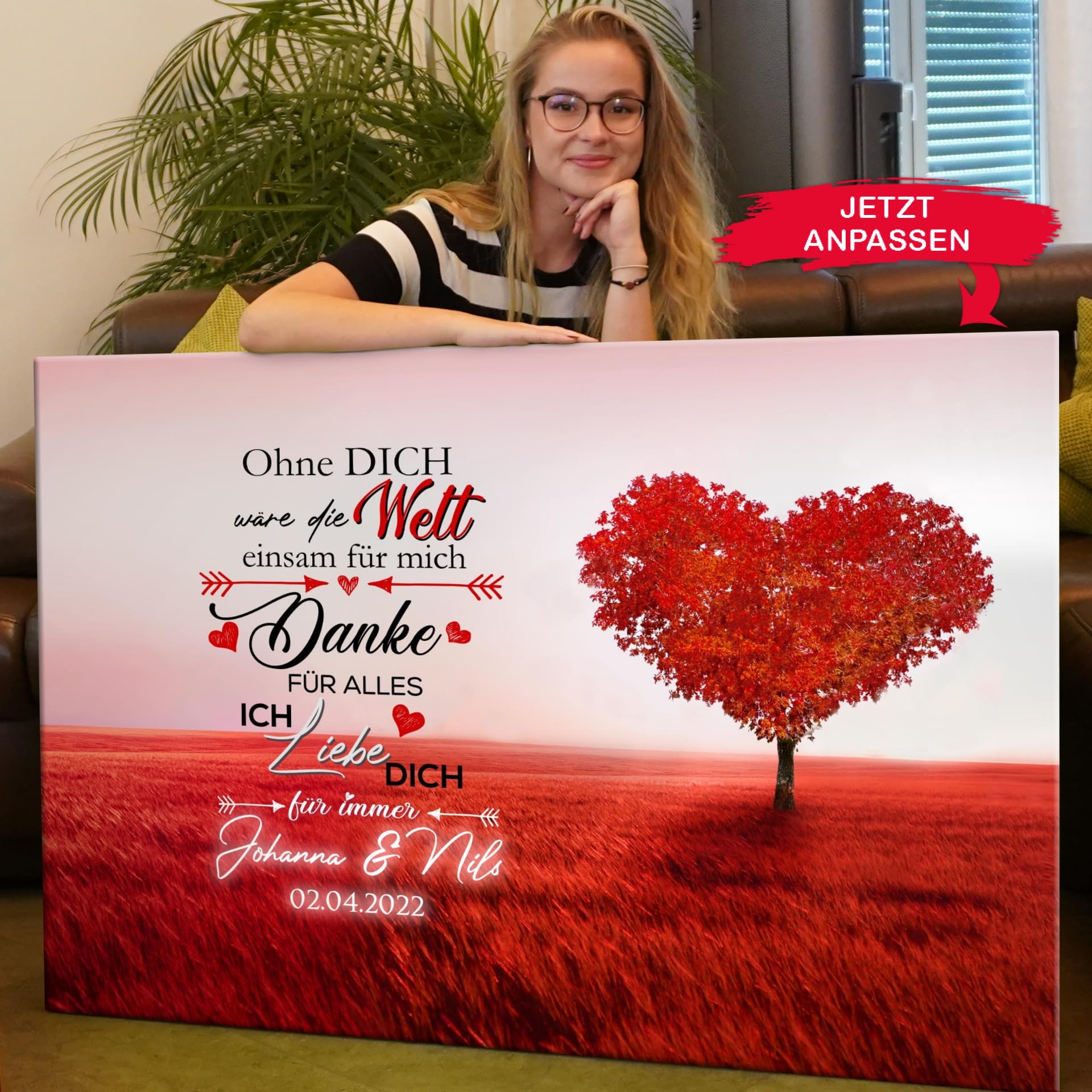 Liebesleinwand Individuelles Wandbild Ich liebe Dich | Jahrestag, Hochzeitstag Geschenke für Frauen | Leinwand mit Namen und Datum gestalten