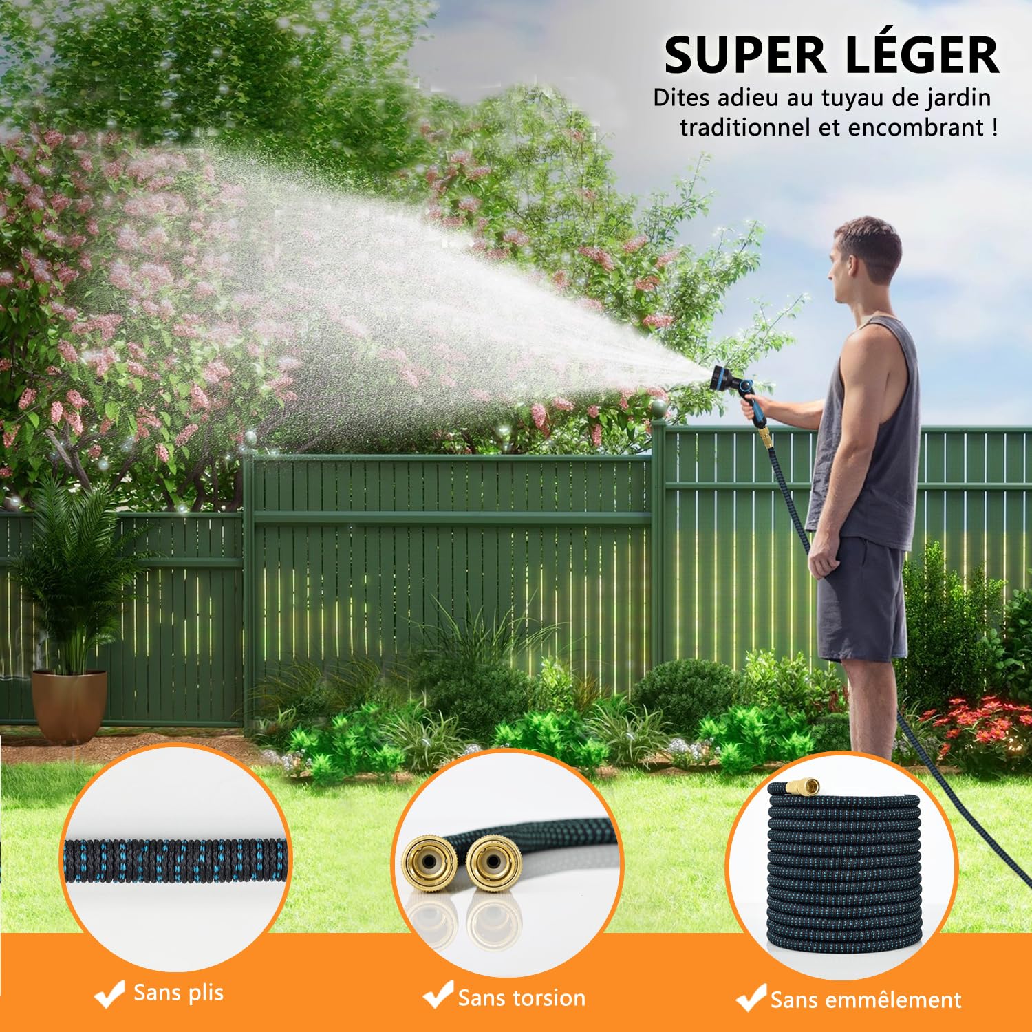 Flexibler Gartenschlauch 45m – Automatisch Einziehbar, XXL-Pistole 24cm, 10 Strahlarten, Doppel-Metallverbinder, TPE 2500D, Geschenkbox - Blau/Schwarz