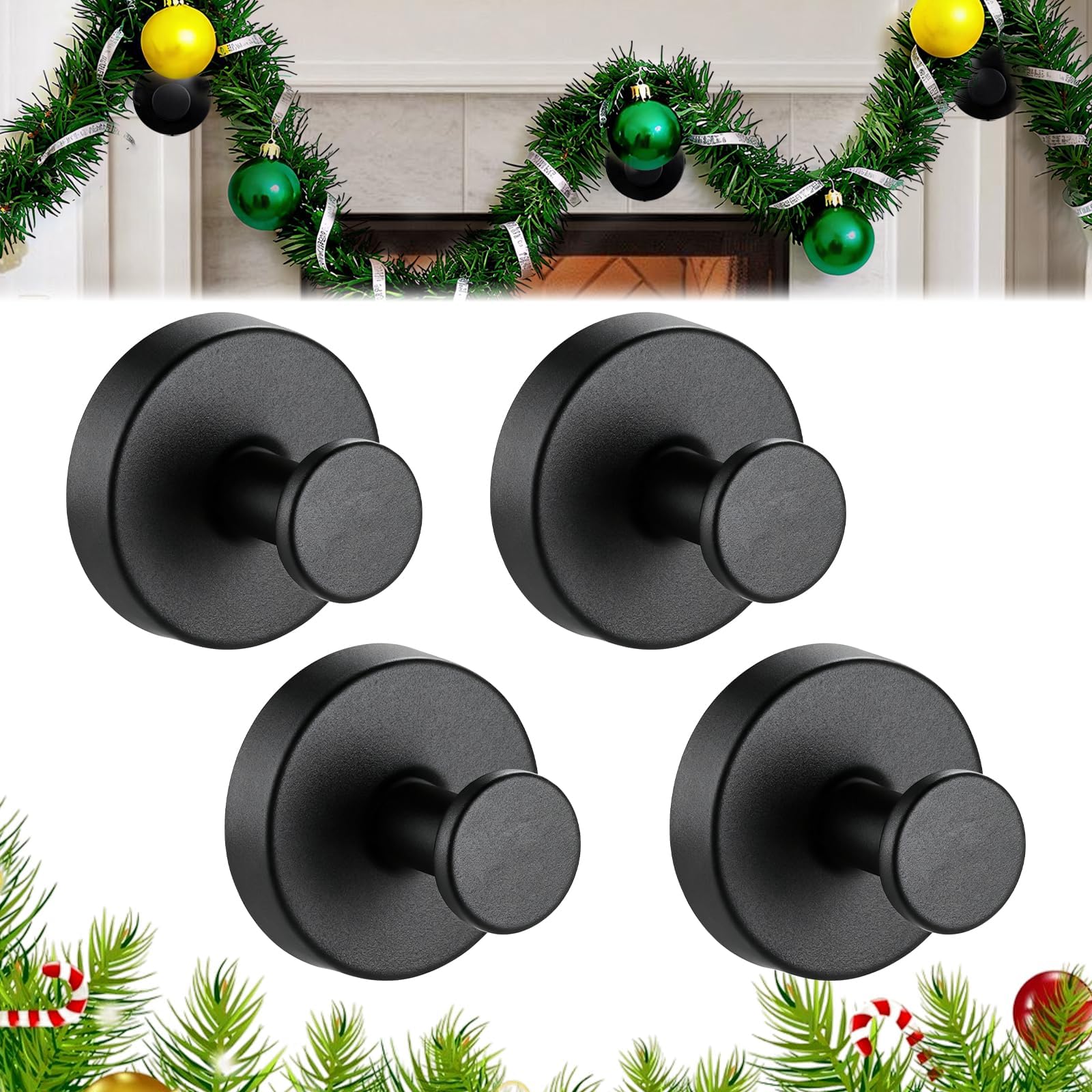 4Pcs Vacuum Suction Cup Hooks, Heavy Duty Stainless Steel No-Drill Hangers for Christmas Decoration, Shower, Bathroom, Glass Window, Front Door Wreath Holder, Removable Towel & Decor Hooks (Black)