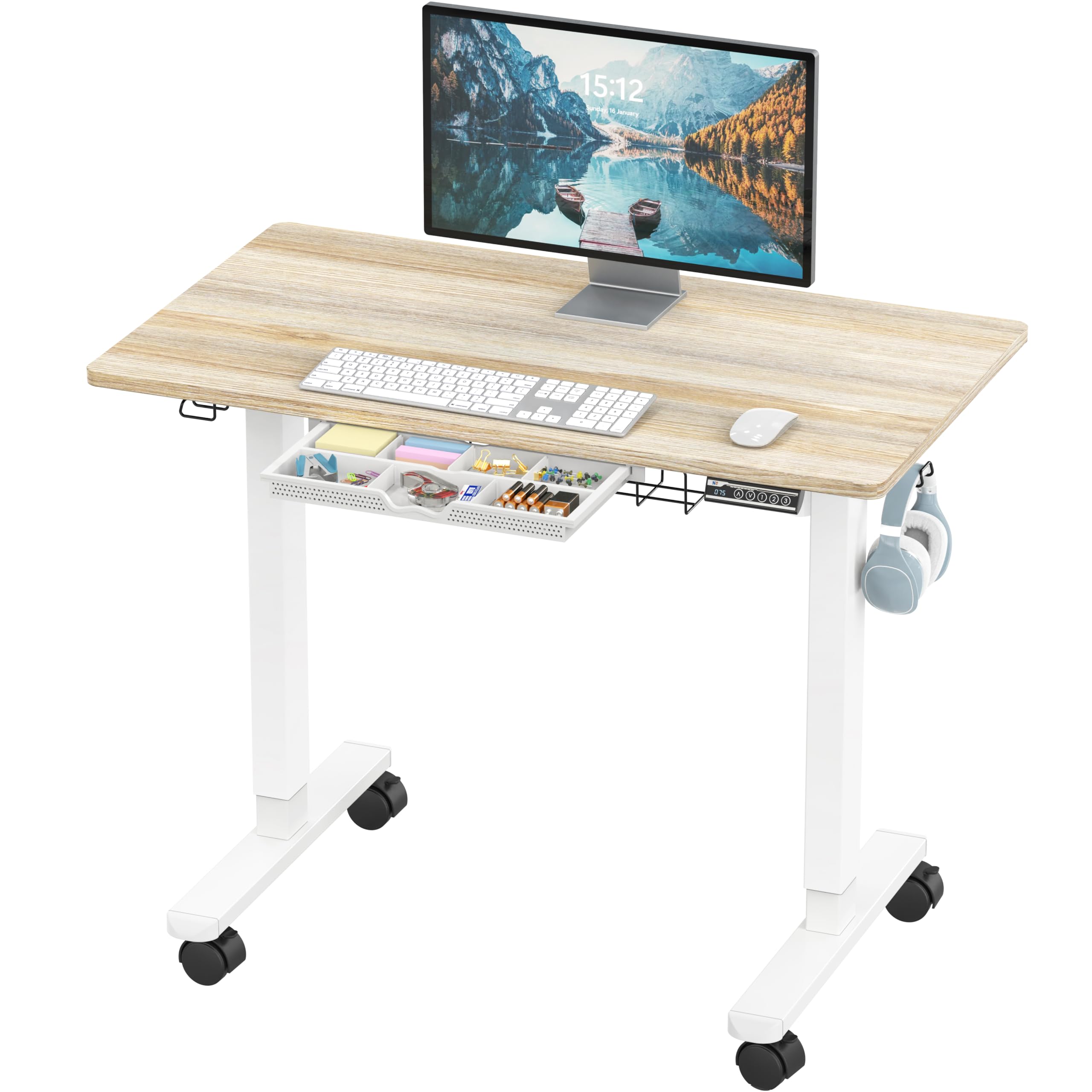 SHW 40-Inch Mobile Electric Height Adjustable Sit to Stand Desk with Drawer, Hanging Hooks and Cable Management, Maple