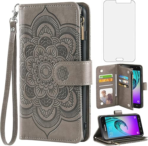 Asuwish Compatible con Samsung Galaxy J3 2016J 3 VJ36VSkyAmp Prime - Funda tipo cartera y protector de pantalla de vidrio templado con tapa para