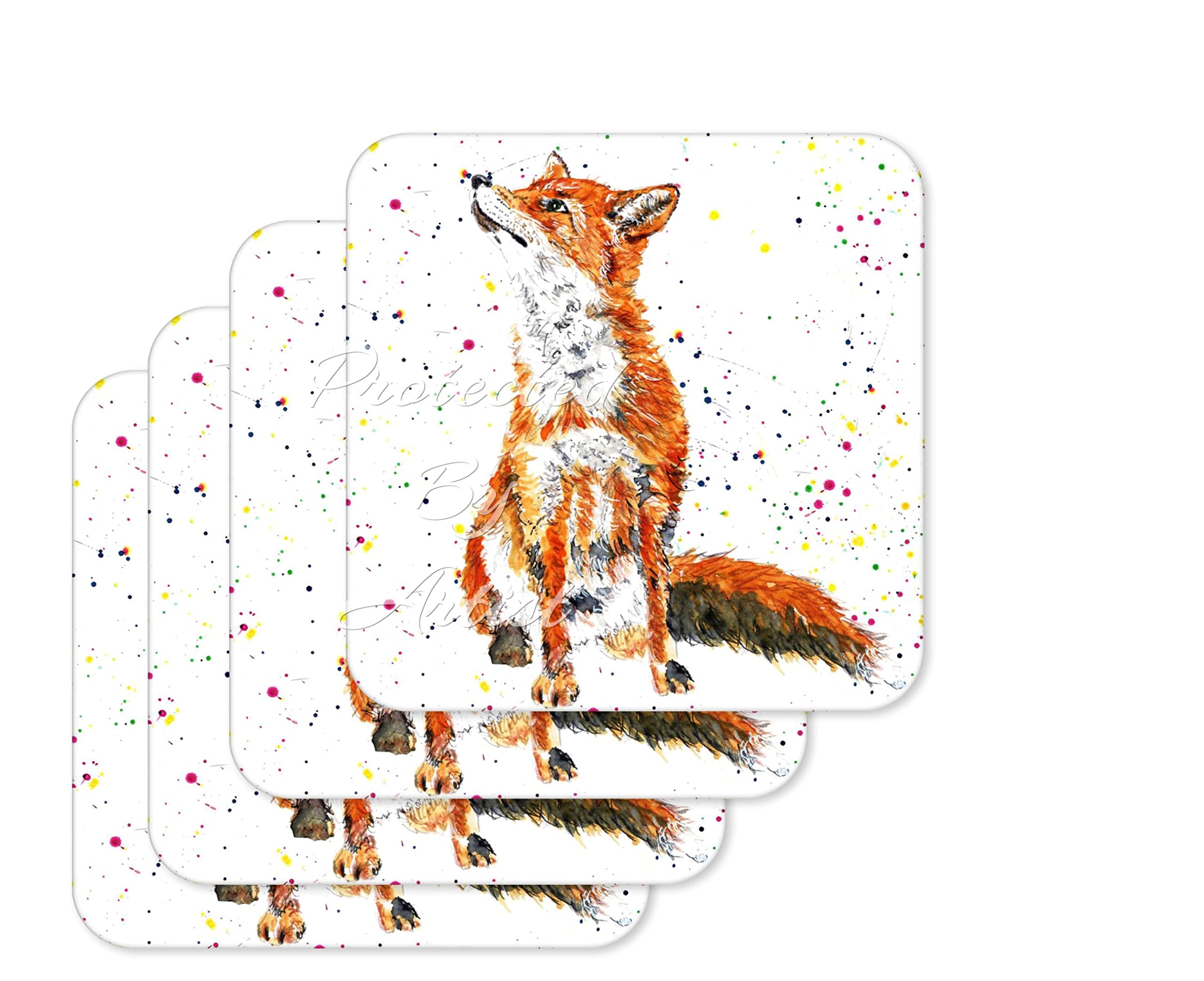 Vixar Multicolored Coaster Fox British Wildlife Hand Painted Animals Coasters Watercolour Art Gift Work Office Dining Tea Coffee (4)