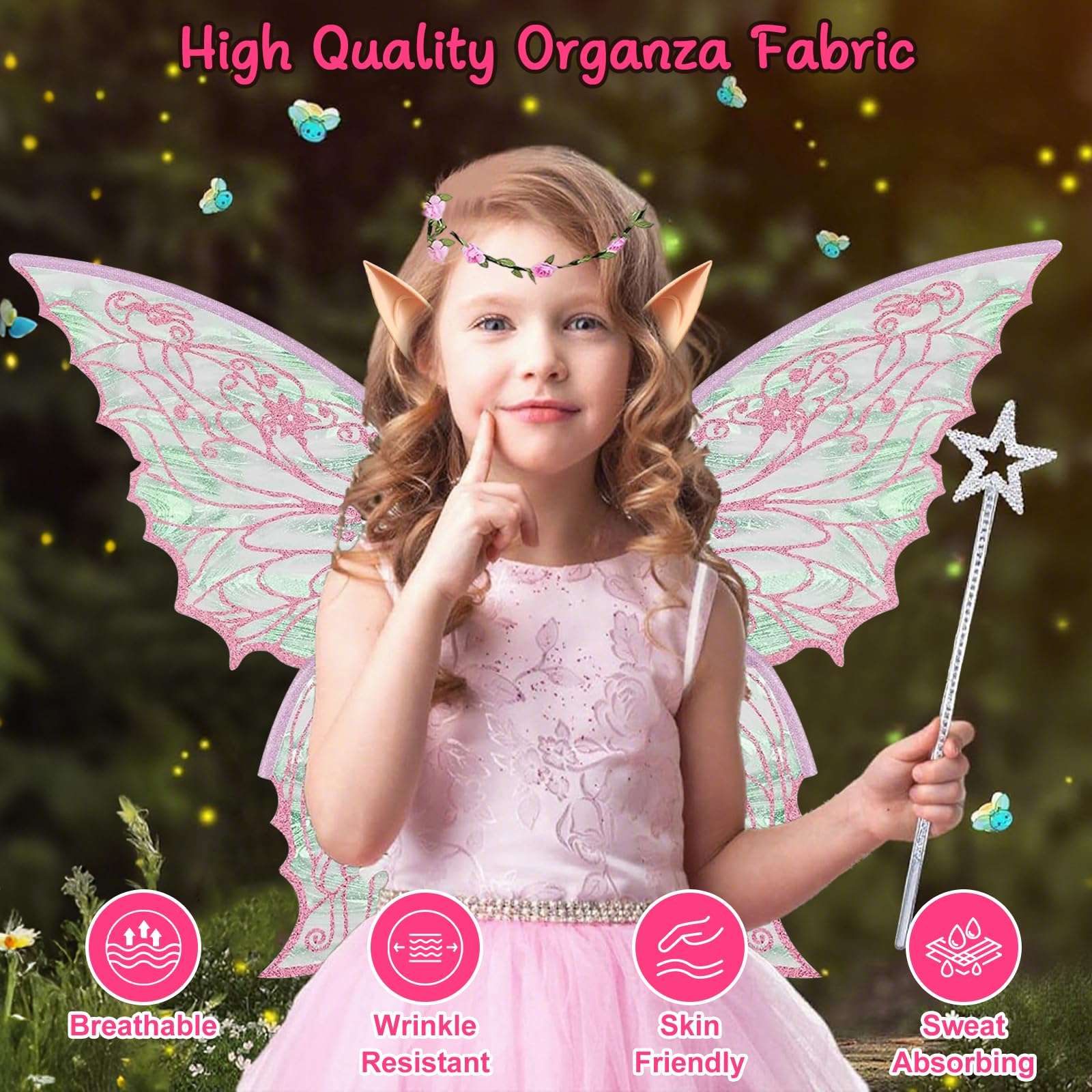 Costume Ali da Fata con Ali da Farfalla, Orecchie da Elfo, Corona di Fiori & Bacchetta Magica – Ali da Fata Bambini & Adulti, Ideale per Halloween, Carnevale, Cosplay & Compleanni