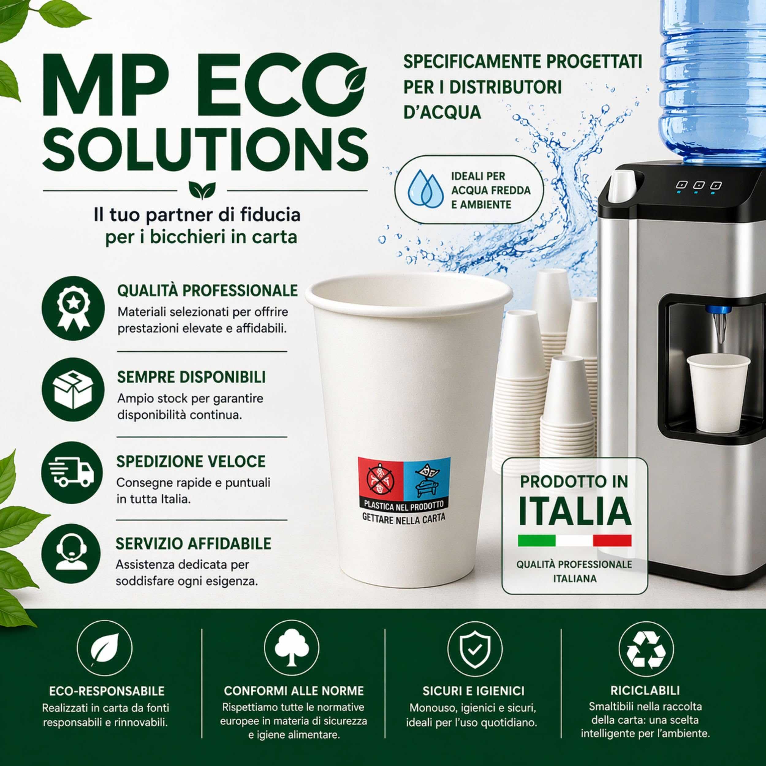 MP ECO SOLUTION 1000 Bicchieri Carta 200 ml Monouso Bianchi – Bicchieri Carta per Acqua e Bevande Calde – Ideali per Bar, Ufficio ed Eventi – Made in Italy