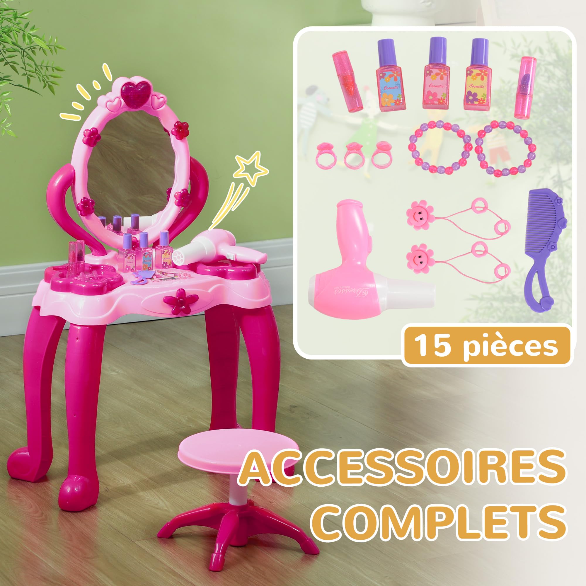 AIYAPLAY Coiffeuse pour Enfants de 3 à 6 Ans Ensemble Coiffeuse et Tabouret avec Miroir 15 PCS, Table de Maquillage avec lumière, Musique, sèche-Cheveux, Rose