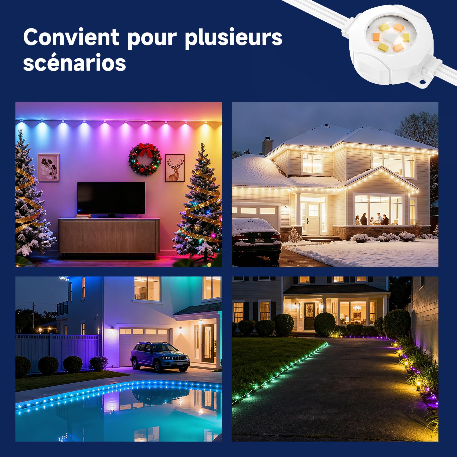Éclairage Extérieur Permanent 30M Light RGBCW (2700K-6500K) Guirlande Lumineuse Intelligente pour les Fêtes de Jardin de Décoration de Noël et l'éclairage Quotidien IP67 Blanc