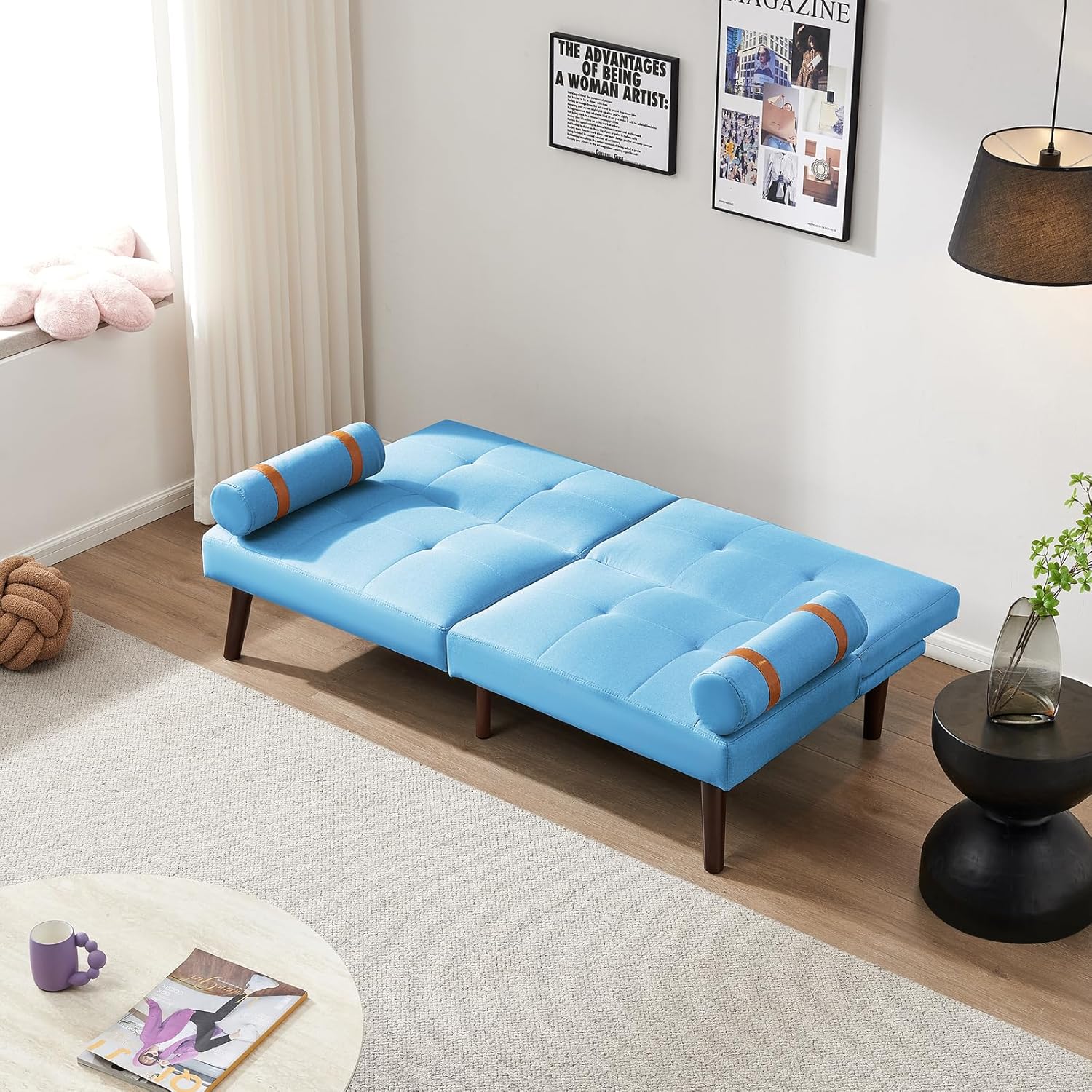 Linen Fabric Convertible Folding Futon Sofa Bed, Sleeper Sofa Modern Futon Sets with Solid Wood Legs, Loveseat for Compact Living Space, Apartment, Dorm, Bonus Room and Home Office (Sky Blue)