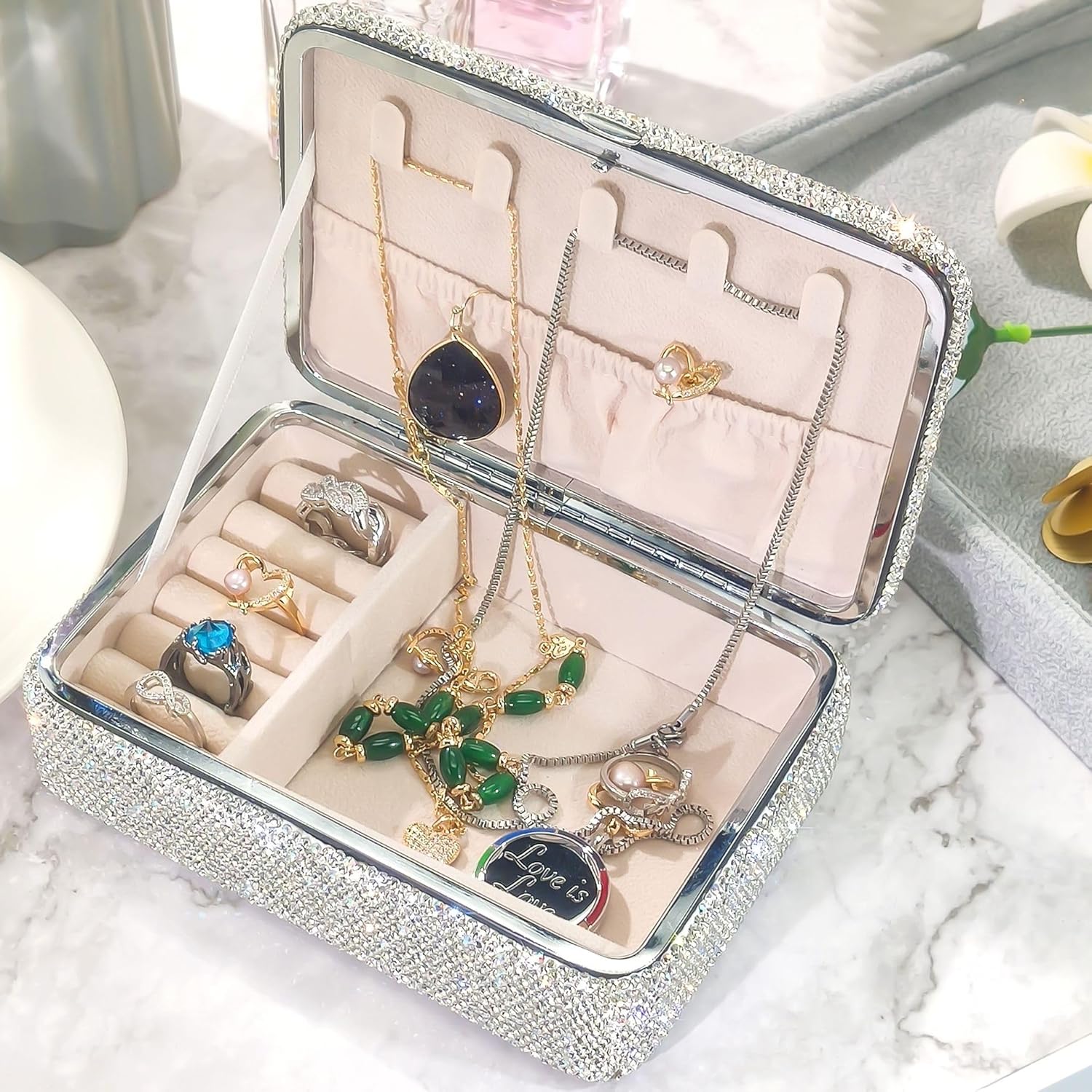 Bling Travel Jewelry Box Organizer Display Storage Case for Rings Earrings Necklace, Luxury Crystal Portable Leather Rhinestone Jewelry Holder Pouch -White