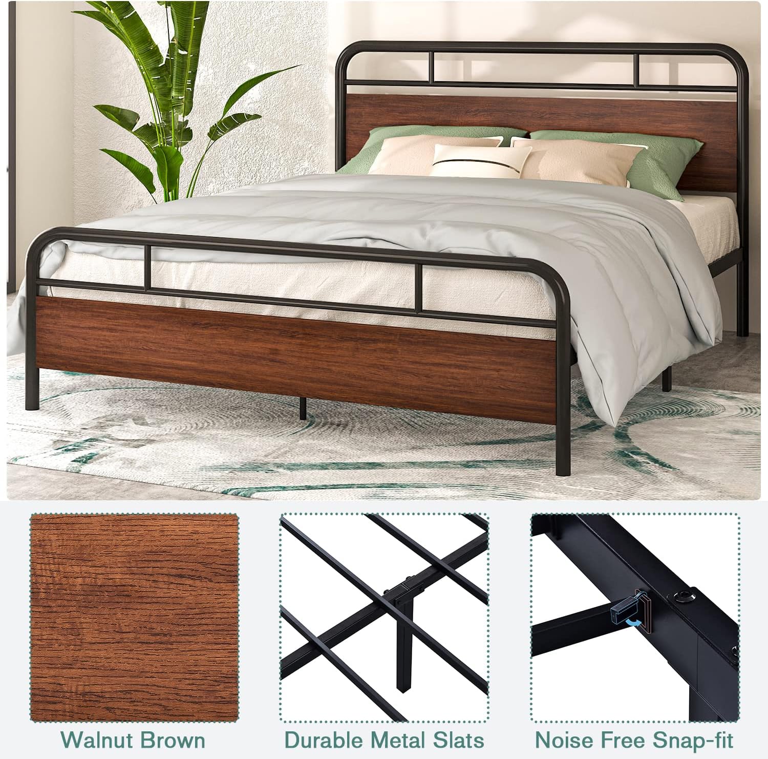 IMUsee Full Bed Frame with Industrial Wood Headboard / 12" Under Bed Storage/Mattress Foundation/No Box Spring Needed/Easy Assembly/Walnut