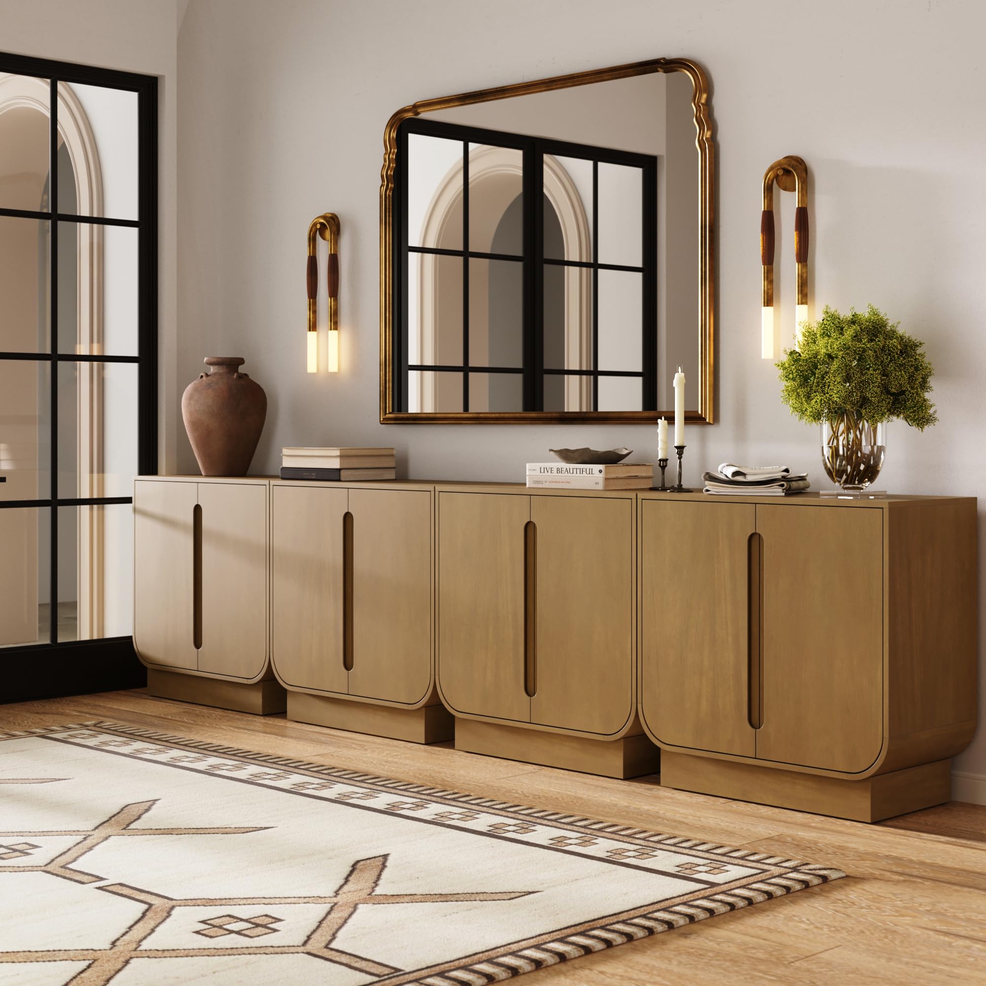 Nathan James Joey Mid Century Modern Storage Cabinet, Arched Accent Cabinet with Rounded Bottom Edges and Integrated Door Pull Cutouts, Light Brown Set of 4