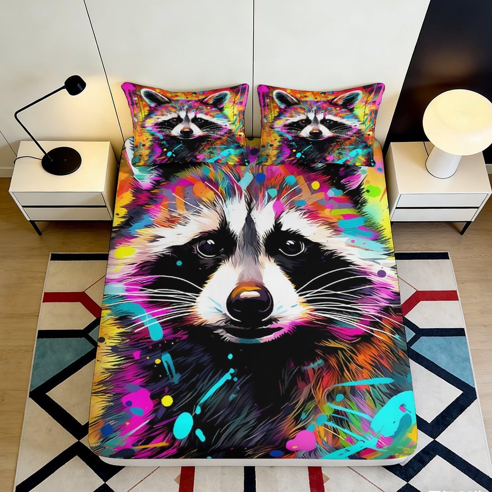 3D Printed Colorful Raccoon Fitted Sheet Microfiber Soft Mattress Cover for Bedroom Dorm Artistic Decor Protection 90x200x25cm