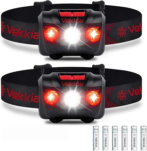 Vekkia Linterna LED ultra brillante (paquete de 2), faro de luz blanca y roja con diadema ajustable, lámpara de cabeza impermeable IPX6 para