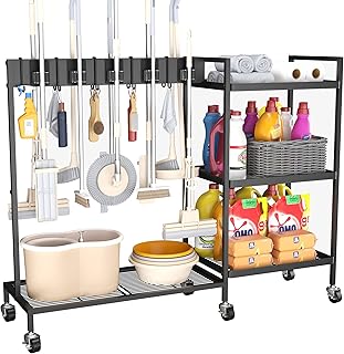 GIOTORENT Metal Cleaning Cart with Wheels - Rolling Broom Holder & Suppl...