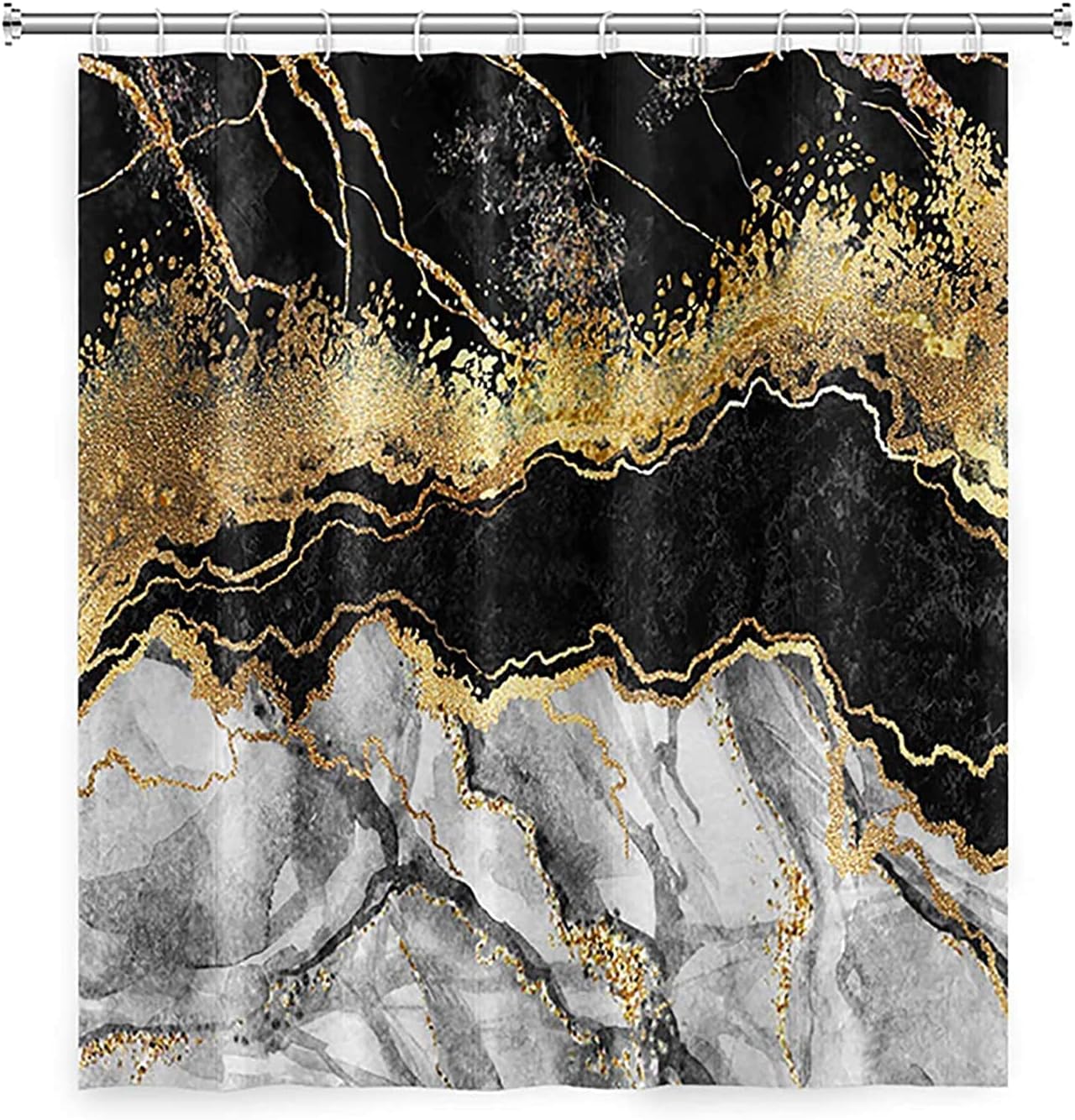 Black and Gold Marble Shower Curtains Abstract Grey and Golden Ink Art Granite Shower Curtains Modern Crystal Bathroom Decor Polyester Fabric 72 x 72 Inches