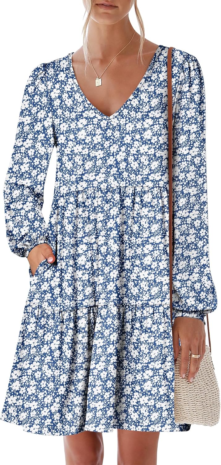 ANRABESS Womens Fall Long Sleeve V Neck Casual Short Dress
