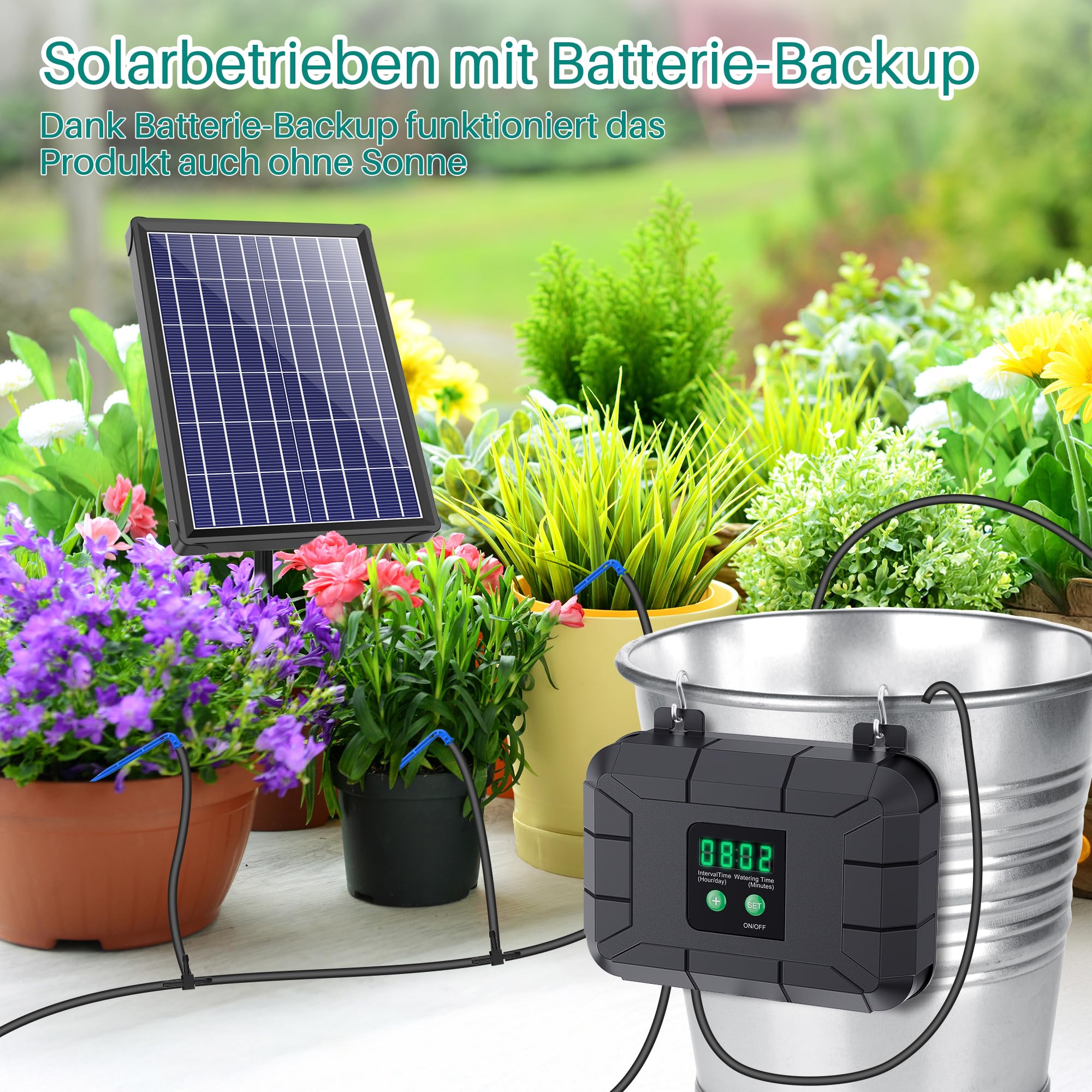 Biling Sistema solare per balcone, 7,5 W 15 m, irrigazione automatica per piante in vacanza con timer, goccia solare per giardino, serra, fiori, risparmio