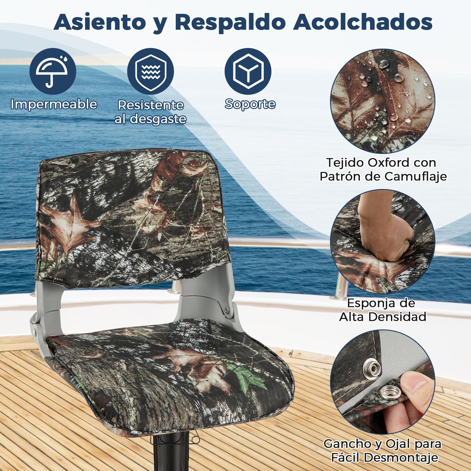 COSTWAY Asiento Barco Plegable, Sillas para Barco con Respaldo Bajo, Acolchado de Esponja Gruesa, Asiento Yate Impermeable, Canoa, Camuflaje