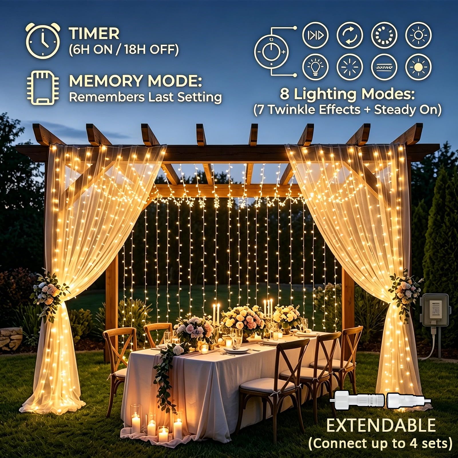2 Stück Lichtervorhang Aussen 6M x 3M 600 LED Lichterketten Vorhang mit Stecker, 8 Modi, Timer, Wasserdicht Lichterkette Hängend für Wand Balkon Hochzeit Pavillon Terrassen Garten Außen Deko
