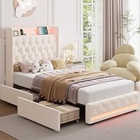 Vista 8 de HIFIT Marco de cama tapizada tamaño individual LED con cabecera de estación de carga y 4 cajones de almacenamiento, marcos de cama de plataforma