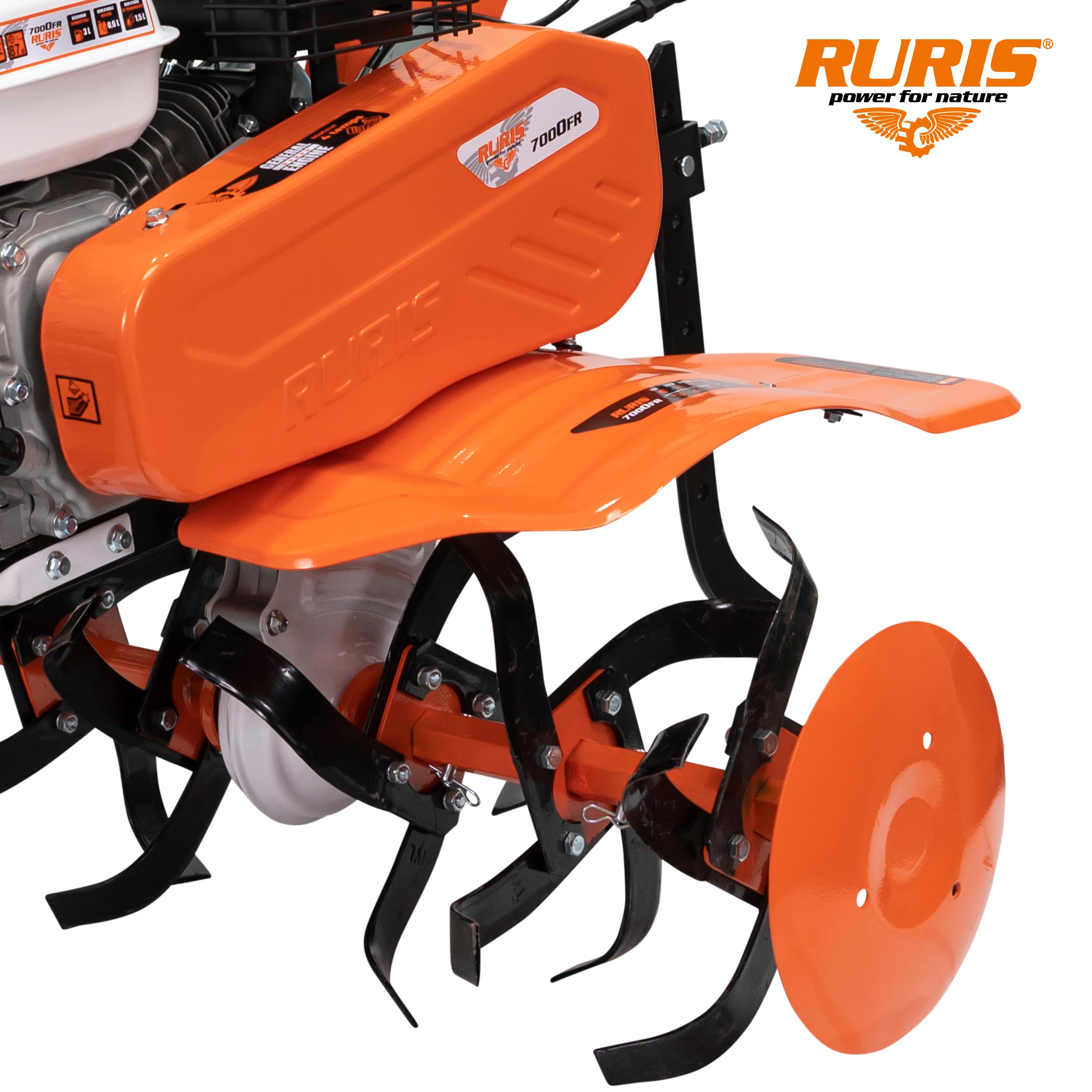 RURIS POWER FOR NATURE Motobineuse 7000fr, 7 CV, 24 Fraises, Largeur de Travaille 560-830mm, guidons Ajustable + Butteur + Lot Contrepoids 10kg, Orange