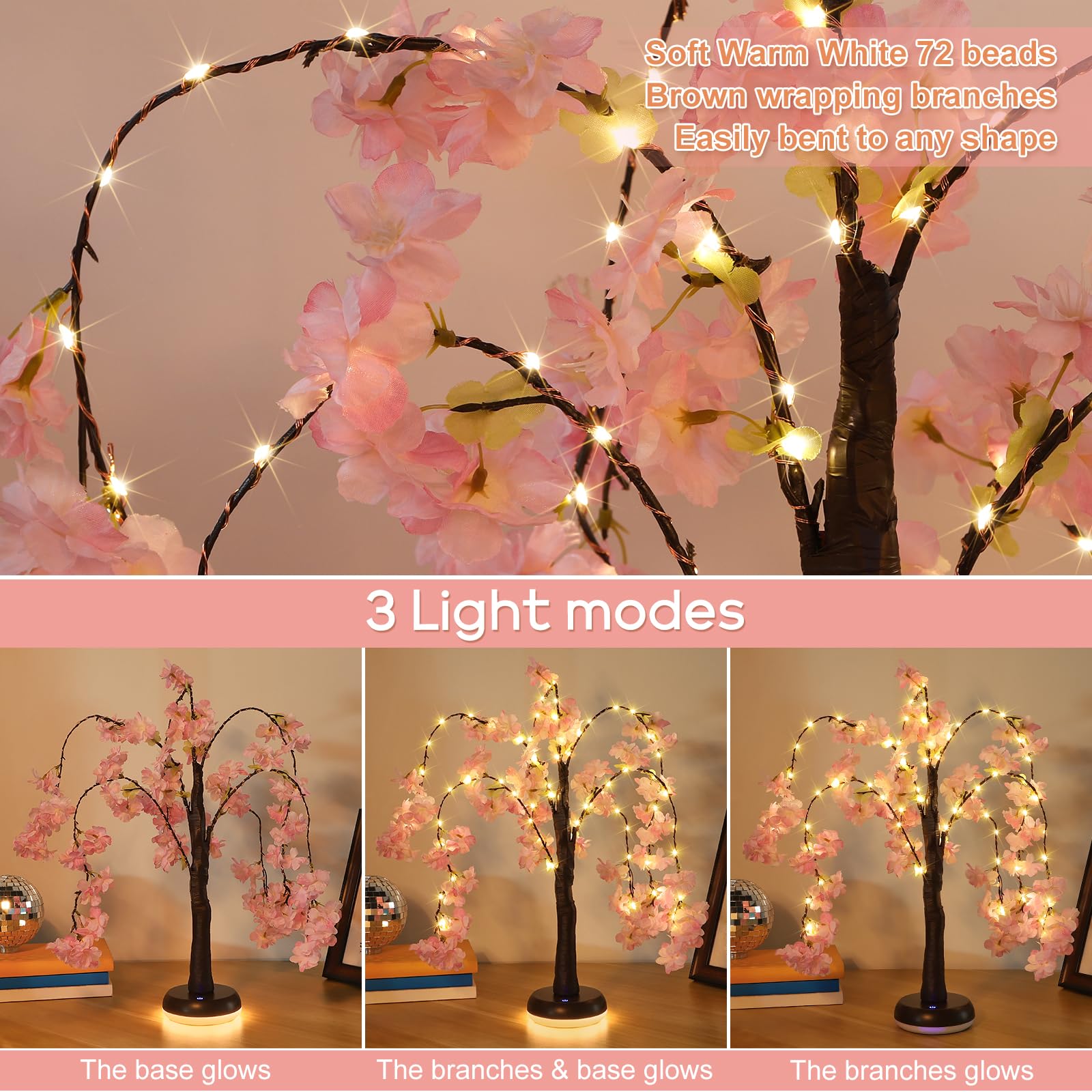 GOESWELL - Lampada da tavolo a forma di albero artificiale, 60 cm, albero con fiori di ciliegio rosa-1