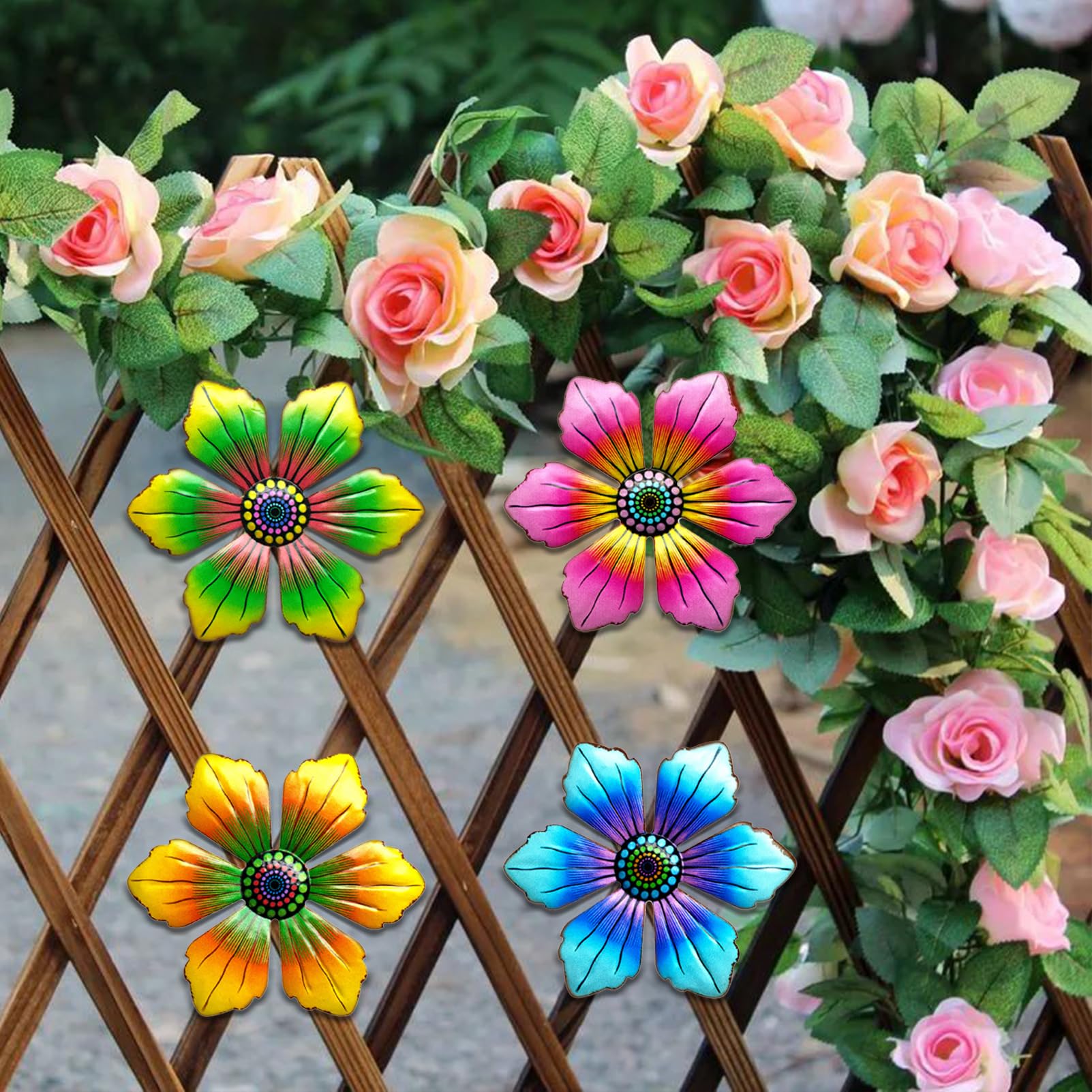 Metall Blumen Wanddekoration Schmiedeeisen Bunte Blumen Wandskulpturen Metall Blume Garten Ornamente Außenbereich für Terrassen Balkone Eingezäunte Höfe Veranden Schaffen Sie atemberaubende Hinterhofg