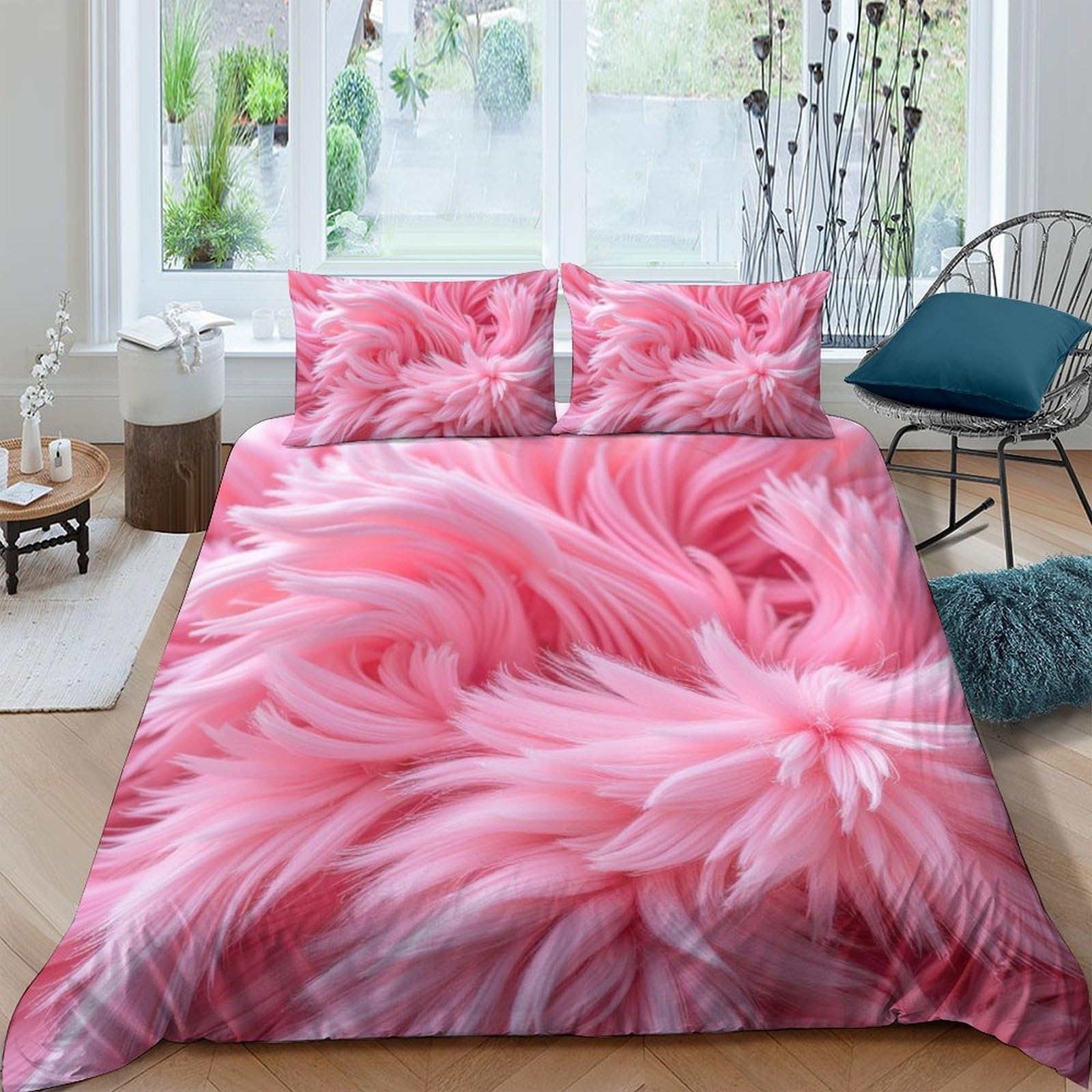GPLZQXKJNH 3D Printed Pink Feather Duvet Cover Microfiber Soft Breathable Bedding Set with 2 Pillowcases for Bedroom Decor Single（135x200cm）