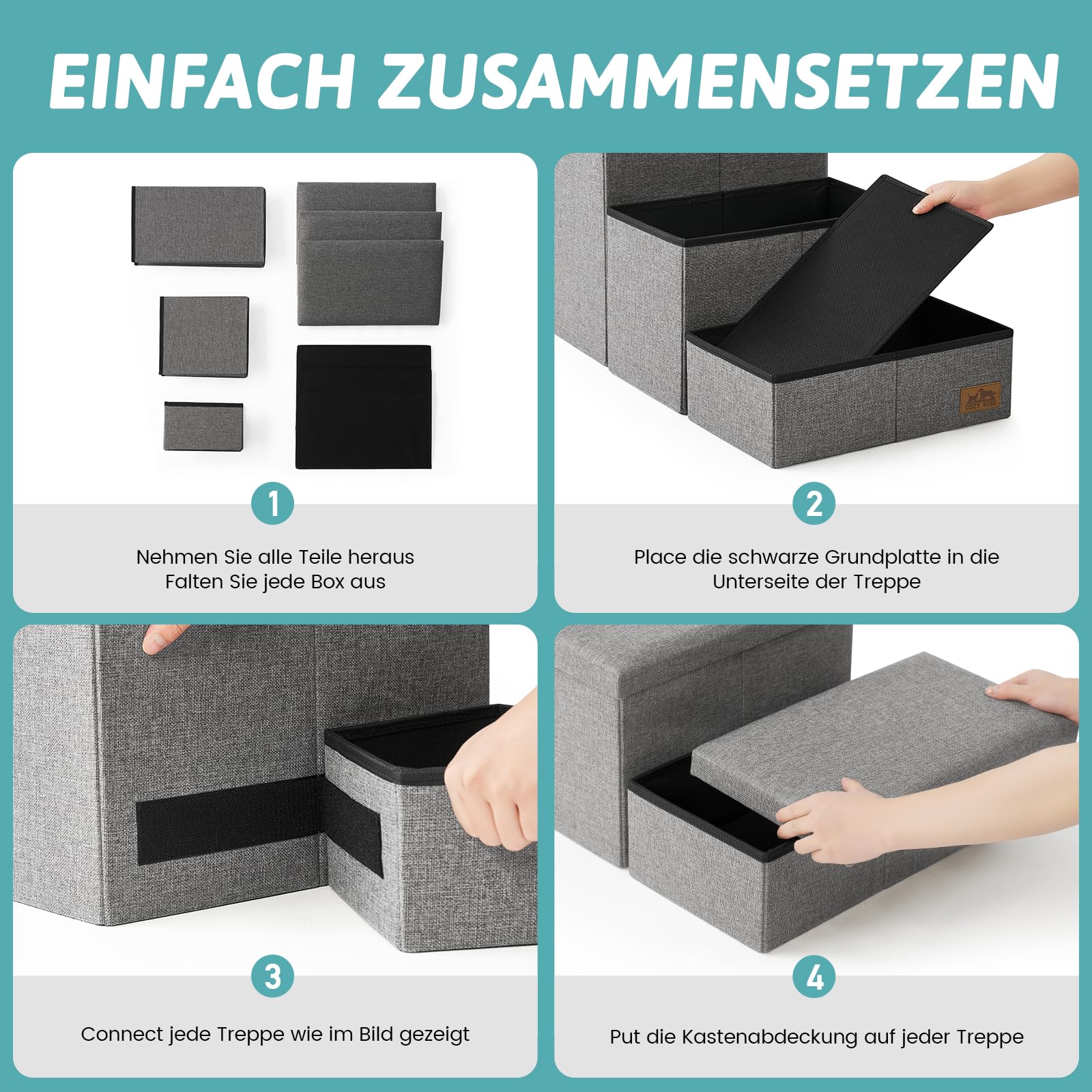 COZY KISS Hundetreppe für Kleine Hunde mit Stauraum, Breite Haustiertreppe Faltbare für Bett und Couch, Hunderampe mit Rutschfestem Boden, Lecksichere (Grau, 43x72x42.5cm, 3)