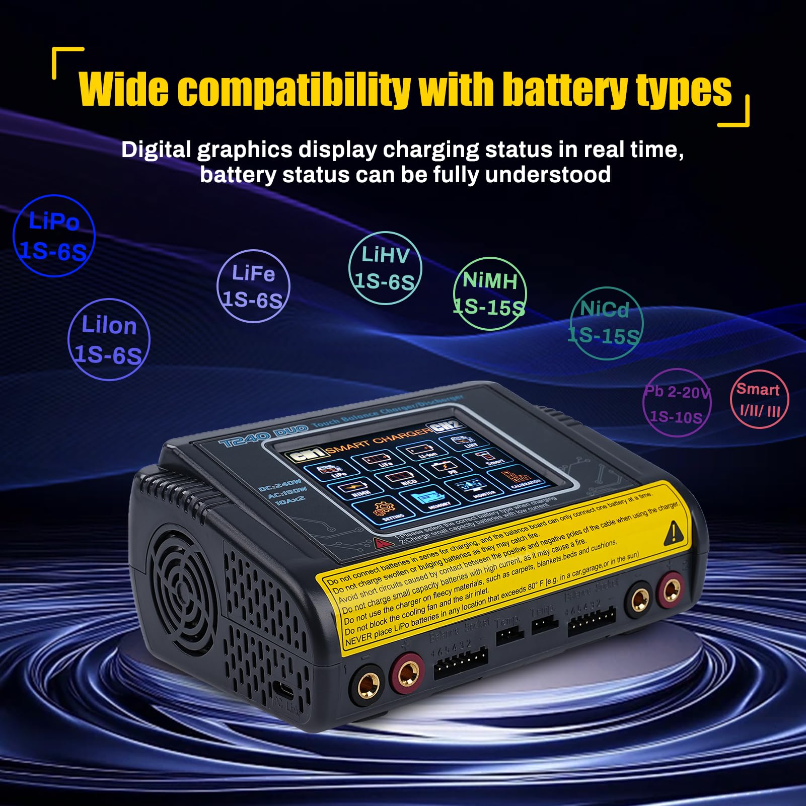 Cargador baterias Coche con equilibrador batería Cargador Dual CC/CA 11-18V 240W CA 100-240V 150W Detección Auto LiPo/Lilon/Life/NiMH/Ni/PB/NiMH Pantalla táctil LCD de 3,2 Pulgadas 10A (T240)