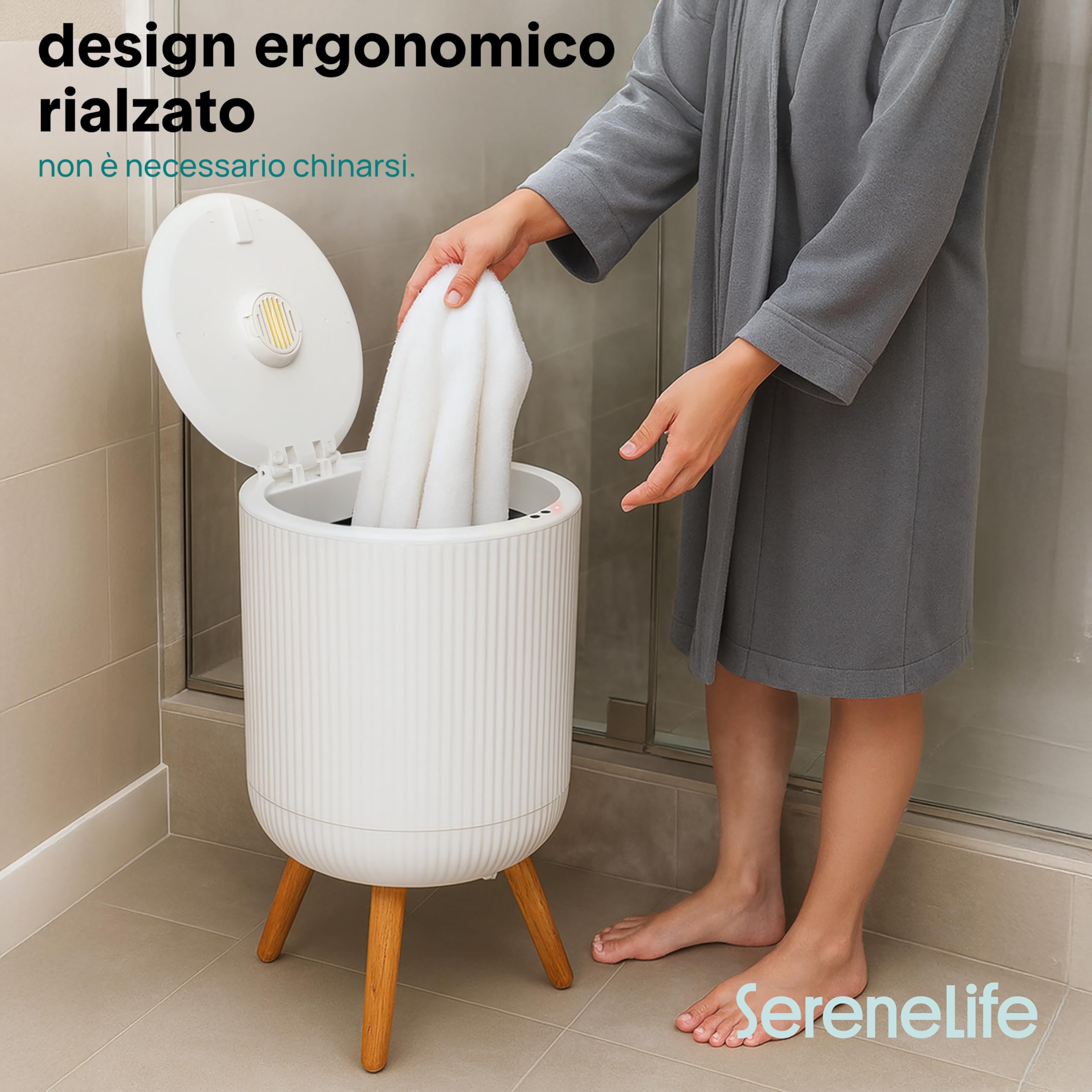 SereneLife Scaldasalviette Elettrico Bagno Autoportante, Scaldasalviette Elettrico 46 cm, Capacità 12 L, Timer Integrato, Dischi Aroma, LED, per Asciugamano, Accappatoio o Coperta, Grigio