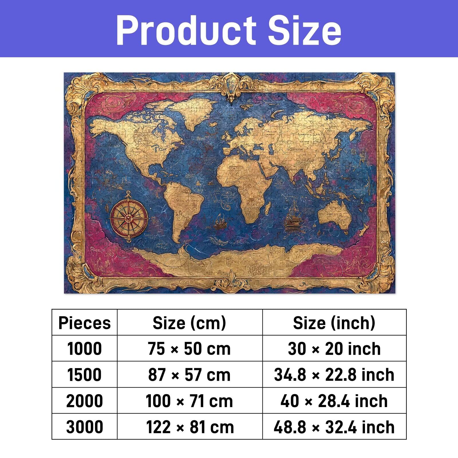Puzzle 1500 Pièces Adultes, Puzzle Carte du Monde pour Adulte, Puzzles Bois avec Boite Cadeau, Jeu de Concentration pour Adultes, 1500 Pièces Puzzles pour Décoration Murale Maison, Cadeau Femme, A-64