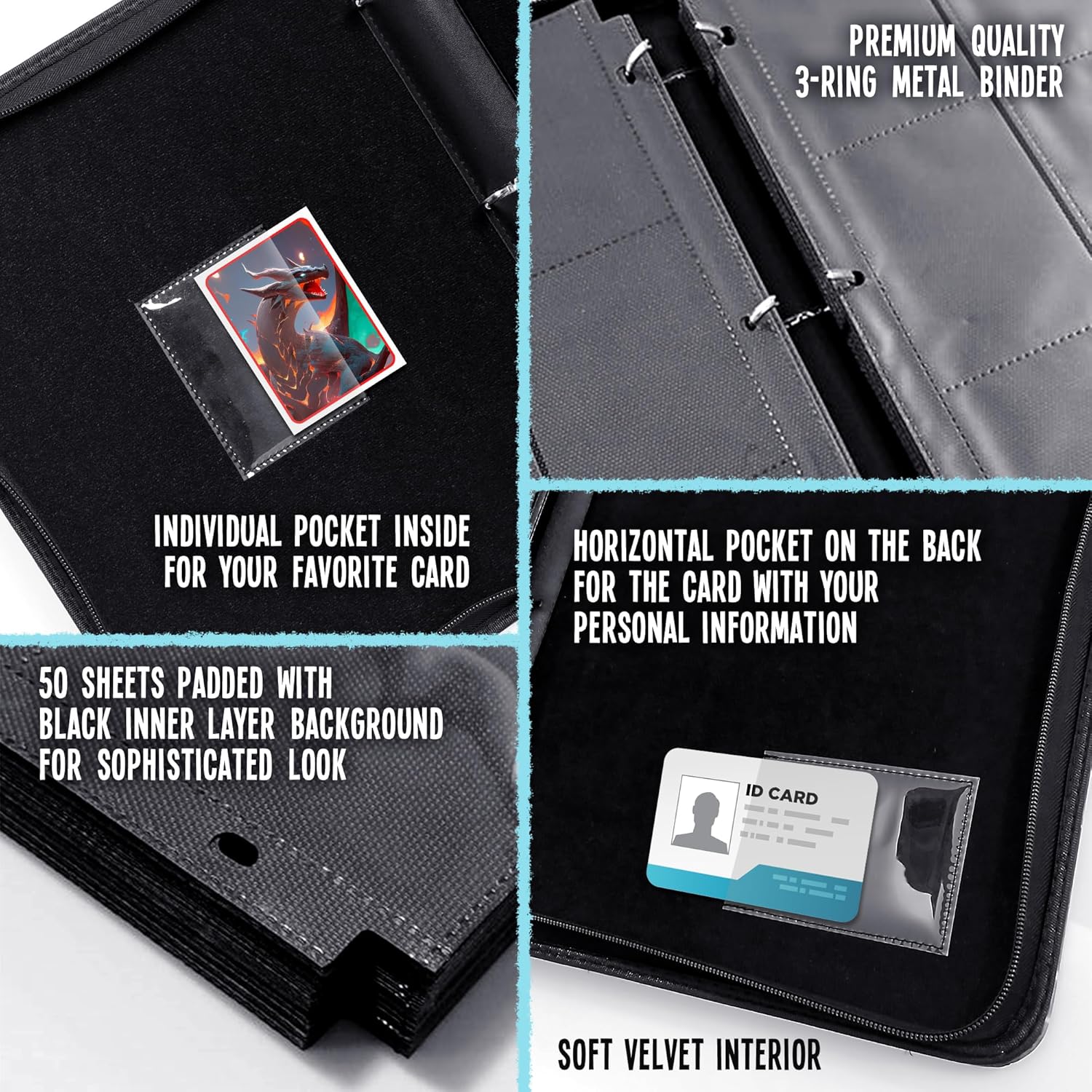 Trading Card Binder 9-Pocket – Premium PU Leather Card Album, Holds 900 Cards, 50 Removable Sleeves, Zippered 3-Ring Case for TCG/Sports Cards + Metal Keychain
