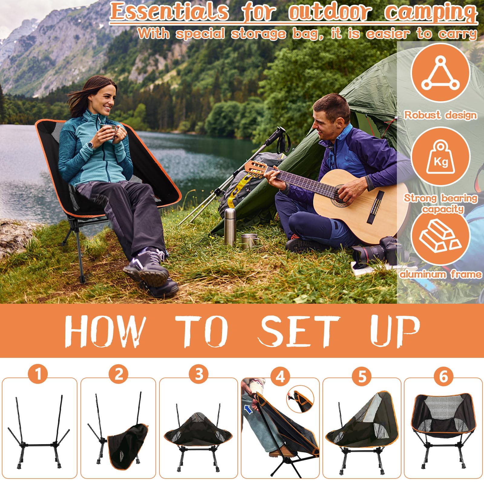Frasheng Sedia da Campeggio Pieghevole Leggera, Portatile, con Borsa da Trasporto, Carico Massimo 120 kg, per Esterni, Picnic, Spiaggia, Giardino, Pesca