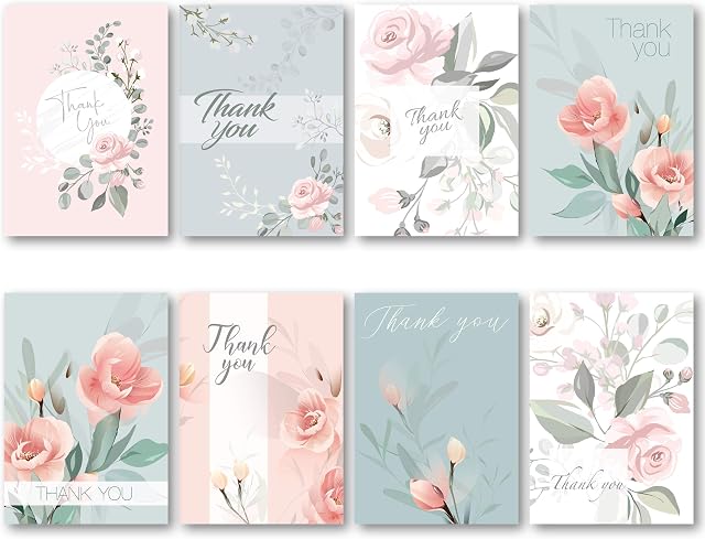 Absolutely Yours Thank You Cards Multipack of 48. Each Greeting Cards Multipack includes 8 Floral Designs. Blank Inside. Eco friendly Thankyou Cards and Envelopes