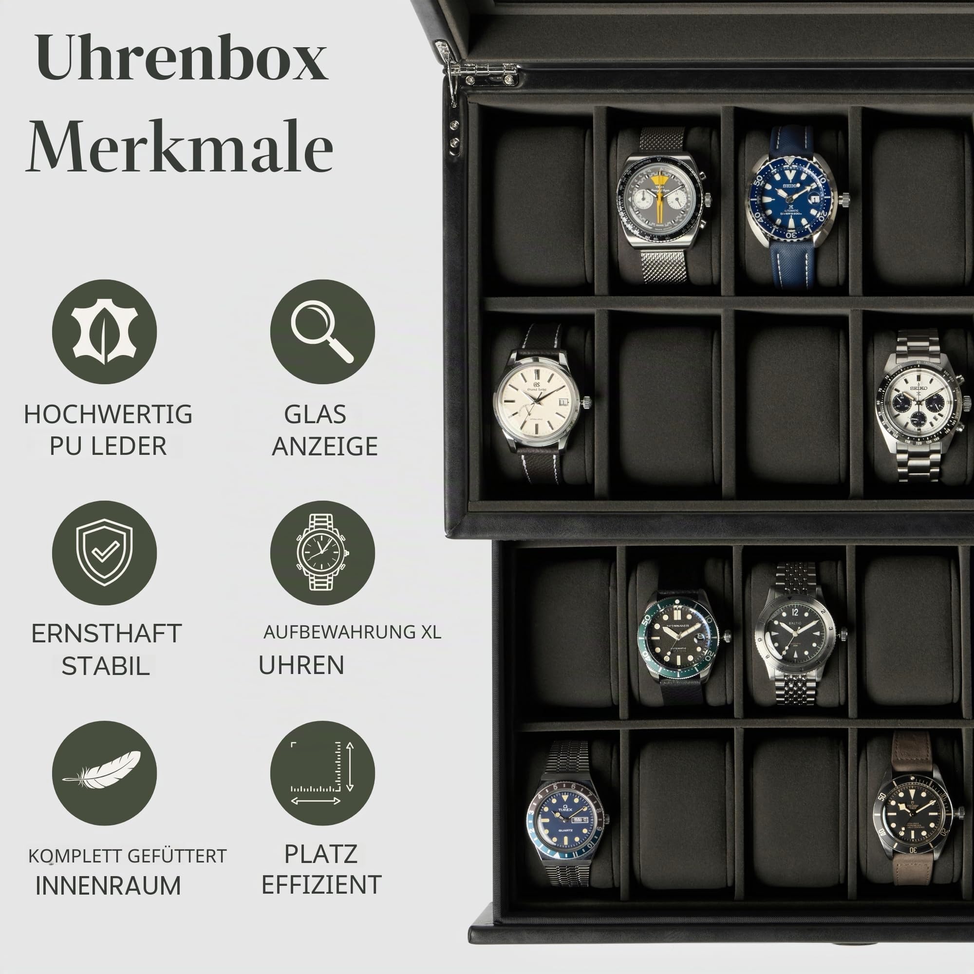 TAWBURY Uhrenbox für Herren – Extra großes Uhrengehäuse mit 24 Schlitzen und Echtglas-Display, abnehmbarer Schublade und 5,1 cm breiten Kissen für große Uhren (Schwarz/Anthrazit)