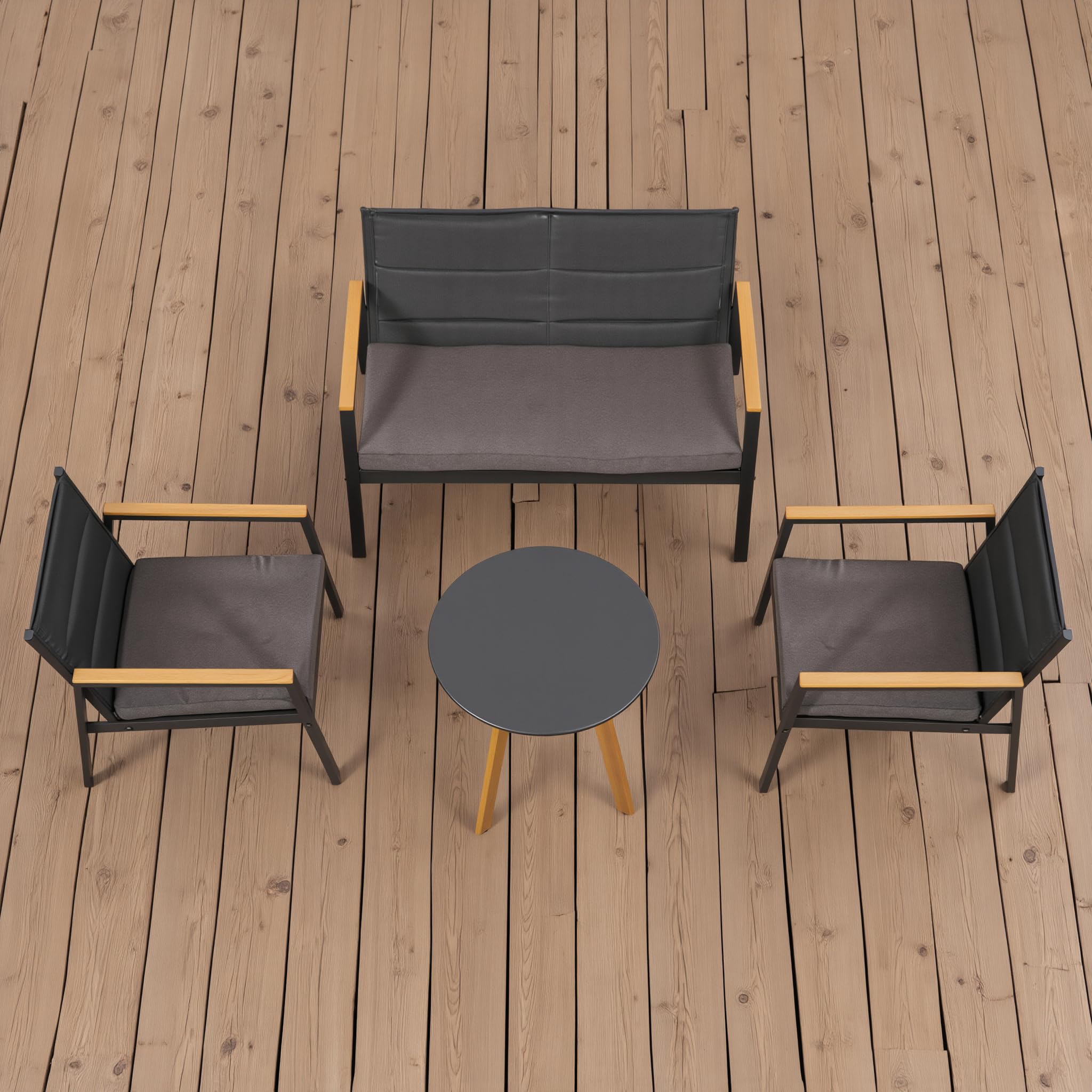 Salotto da Giardino 4 Pezzi KYOTO – Divano 2 Posti + 2 Poltrone + Tavolino Rotondo 60 cm con Cuscini Grigio Antracite – Struttura Alluminio Nero Braccioli Legno Effetto Teak – Arredo Giardino