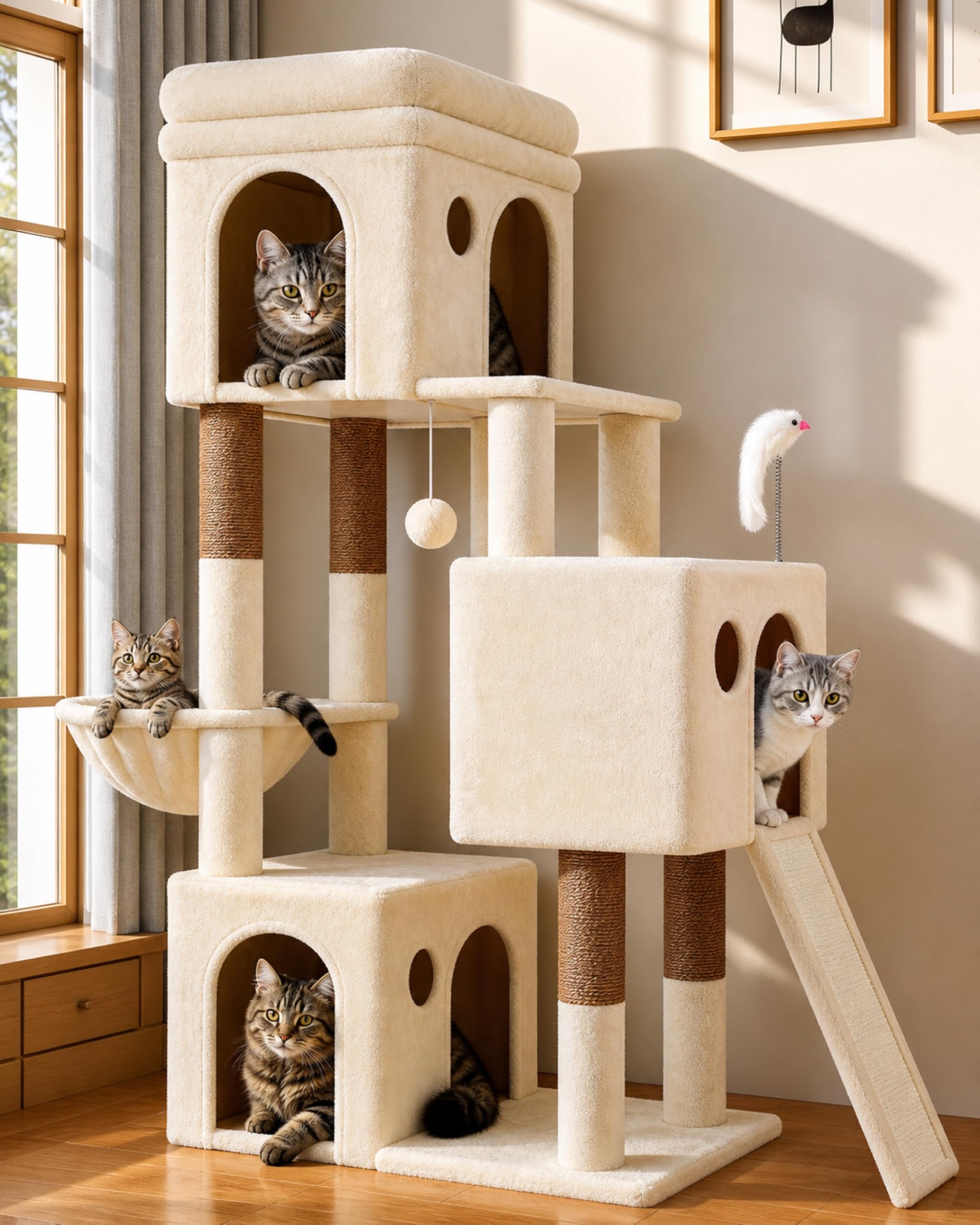 Globlazer Árbol Rascador Beige para 2-4 Gatos con 3 Grandi Nidos 40 * 33 * 35cm, Plataformas, Tabla Rascar Sisal, Cesta, Juguetes, Estable Torre Rascador Alto 133 cm para Gatos Grandes (F52B, Beige)