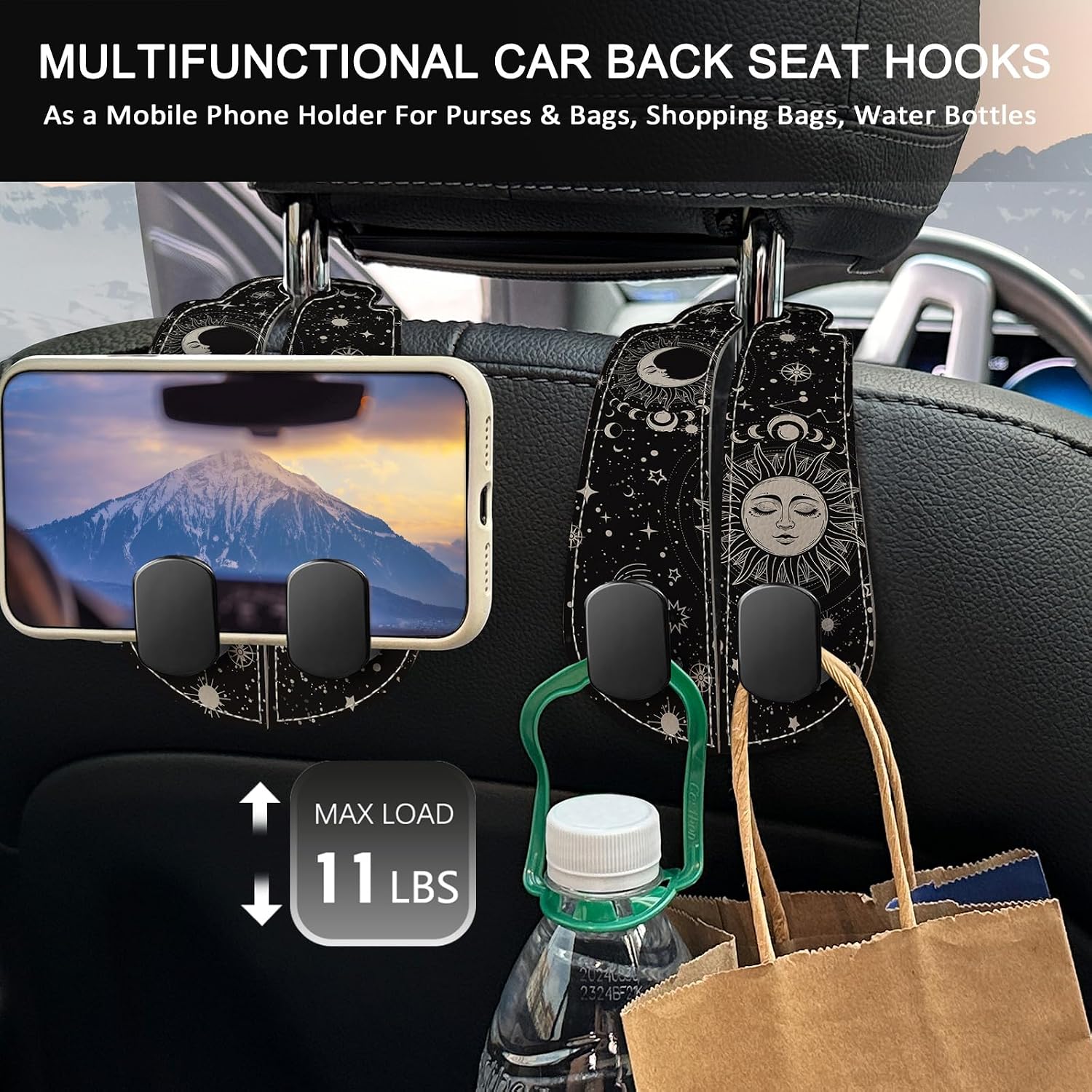 Blusabaca 2PCS Car Seat Back Storage Headrest Hooks, Sun and Moon Purse Holder Bags Hanger, PU Leather Double Metal Hook for Backseat Organizer, Women Car Accessories Organization