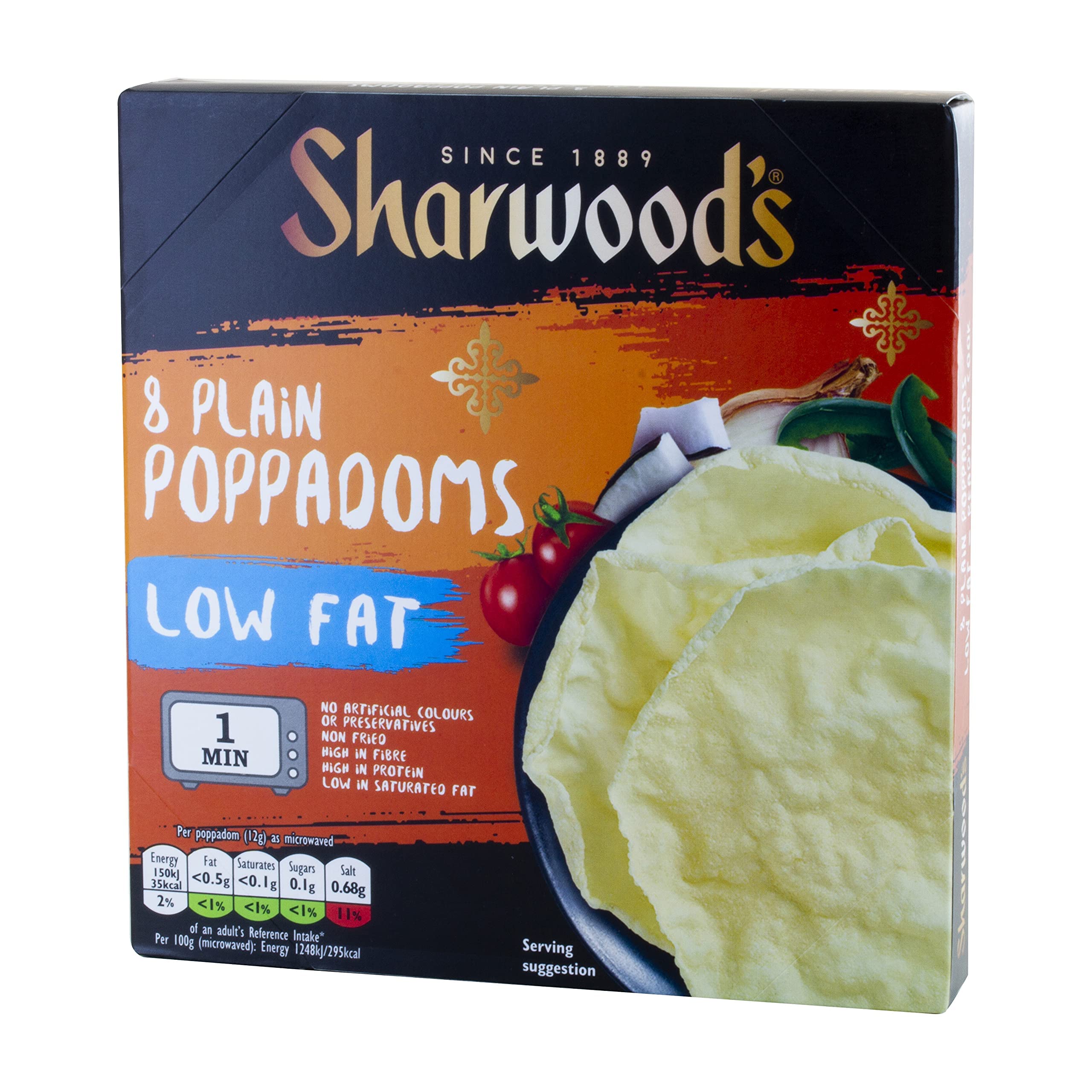 Sharwood's 8 Plain Poppadoms Low Fat, 94g