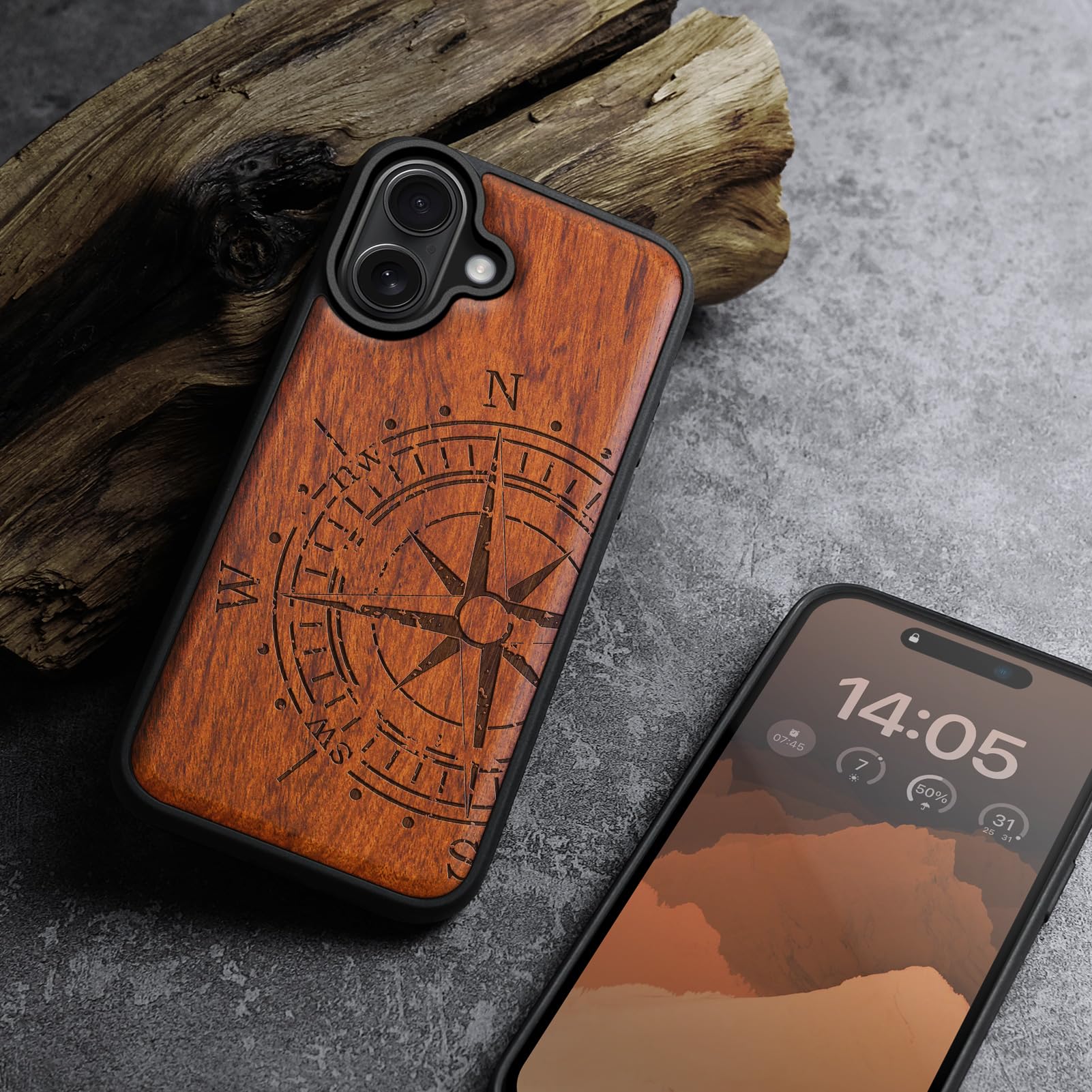 Carveit Magnetic Wood Case for iPhone 16 Plus - Solid Red Wood & Black Soft TPU Shockproof Protective Cover - Compatible with MagSafe - Image 4