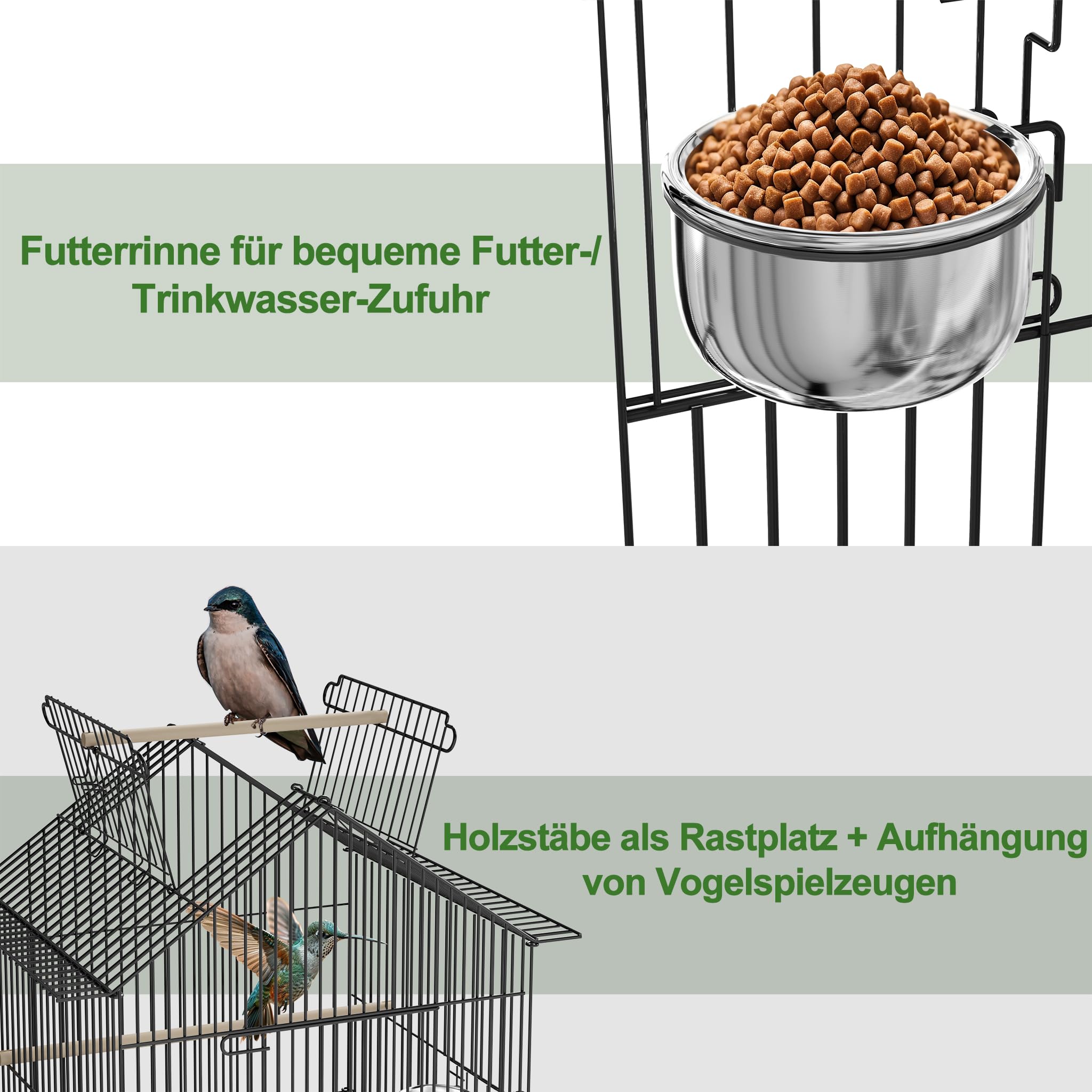 YRHome Vogelkäfig mit Ständer Wellensittlichkäfig mit Dach zum Öffnen 55 x 55 x 145 cm Vogelvoliere Papageienkäfig Tropfenvogelkäfig mit Futterhaus und Sitzstange aus Holz für Wellensittiche